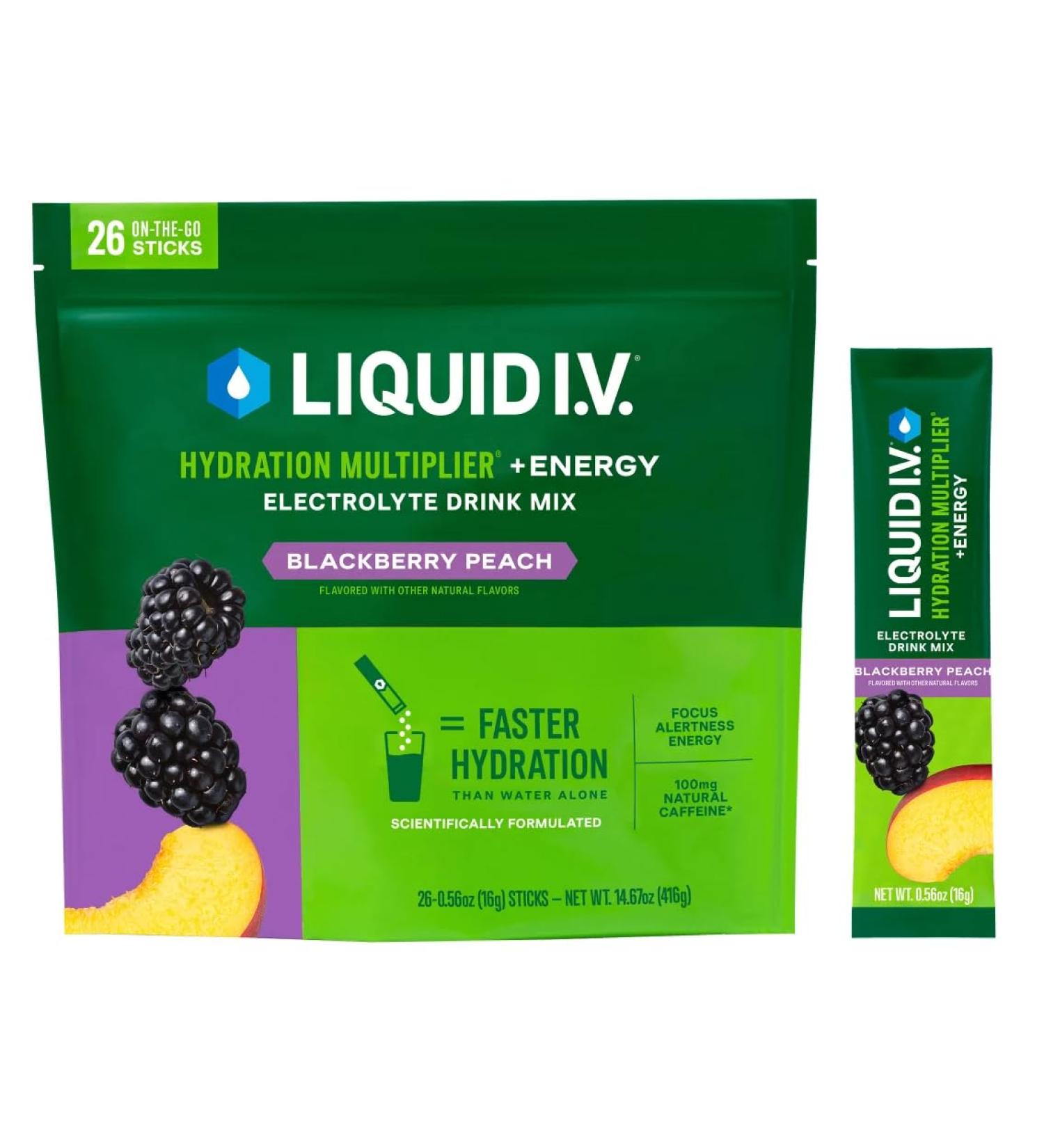 Liquid I.V Hydration Multiplier PLUS Energy Drink Mix - 26 Individual Stick Packets - Delicious Blackberry Peach Flavor - 416 Grams