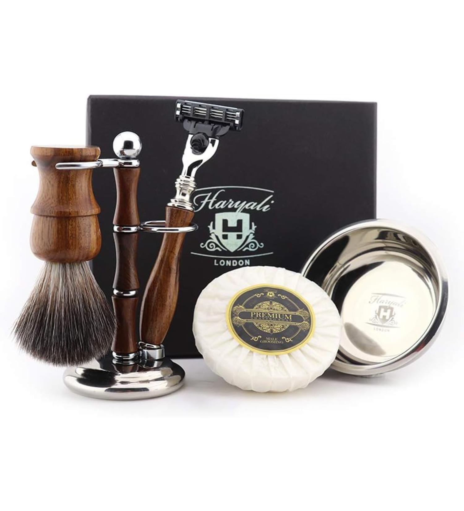 Haryali London Men's Wooden Shaving Set - 3 Synthetic Badger Razors Stand Bowl & Soap for the Perfect Shave | Buy Internationally - Buy Online on GoSupps.com