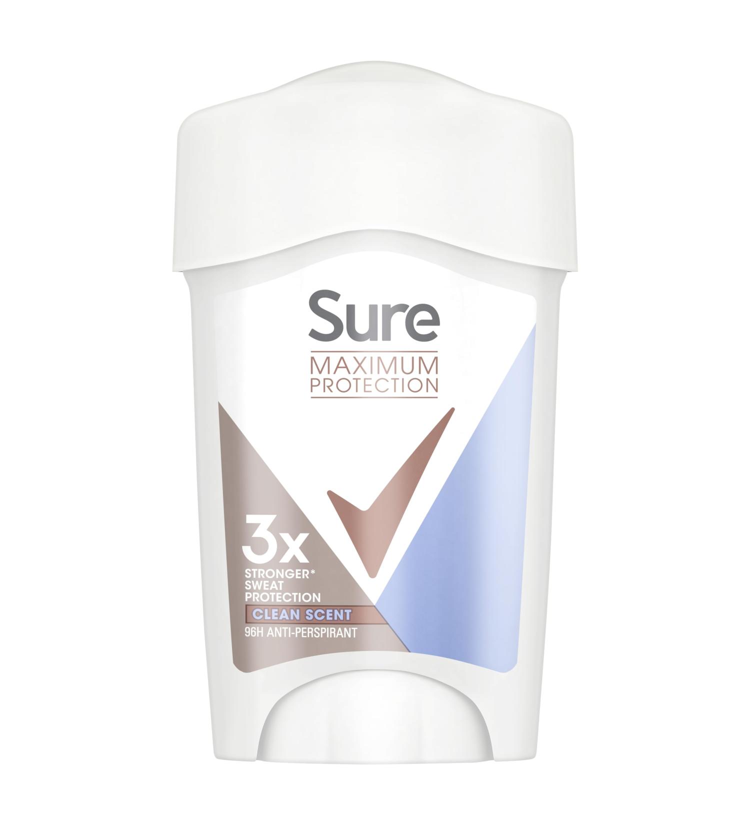 Sure Maximum Protection Clean Scent Deodorant Cream Stick - 45ml (Pack of 1) | Women's Anti-Perspirant with 96-Hour Sweat and Odour Protection - Buy Online on GoSupps.com