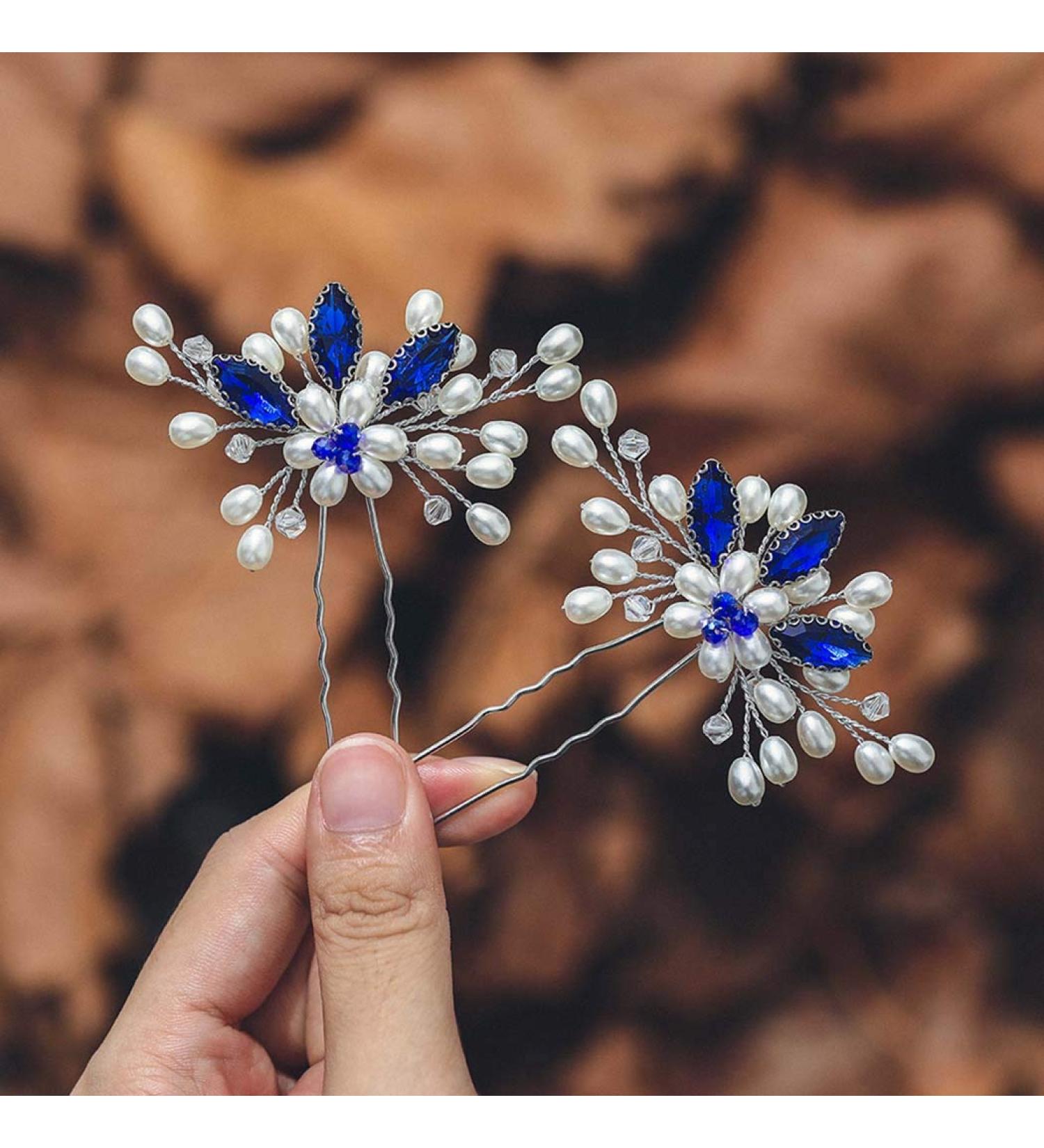 Casdre Pearl Bride Wedding Hair Pins - Silver Blue Crystal Bridal Accessories for Women (Pack of 2) - Buy Online on GoSupps.com