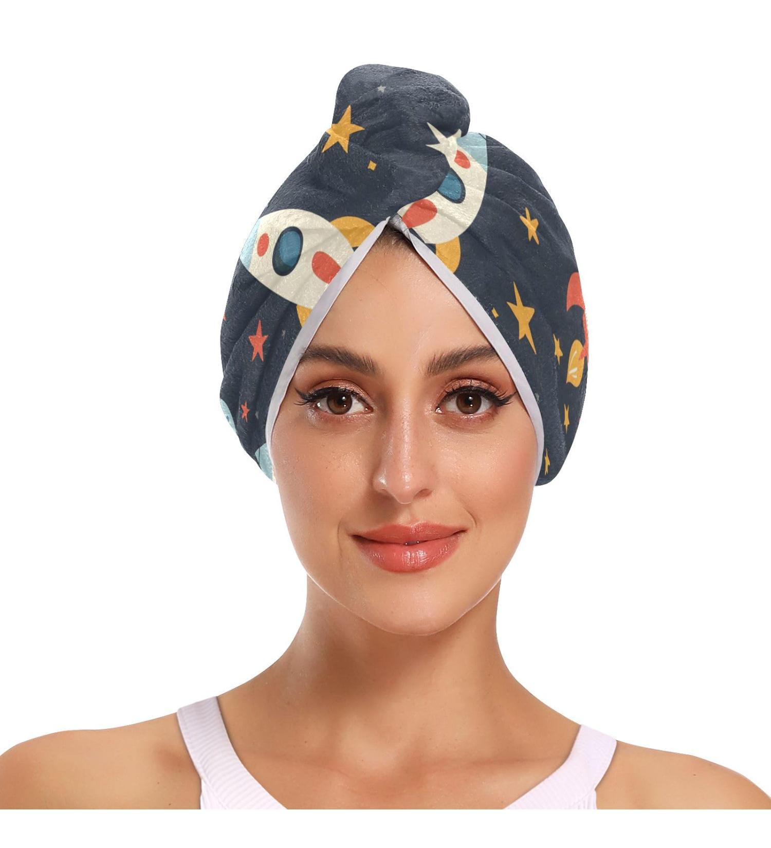Rocket Planet Spaceship Hair Towel 2 Pack | Super Absorbent Quick Dry Hair Turbans for Women & Girls - Buy Online on GoSupps.com