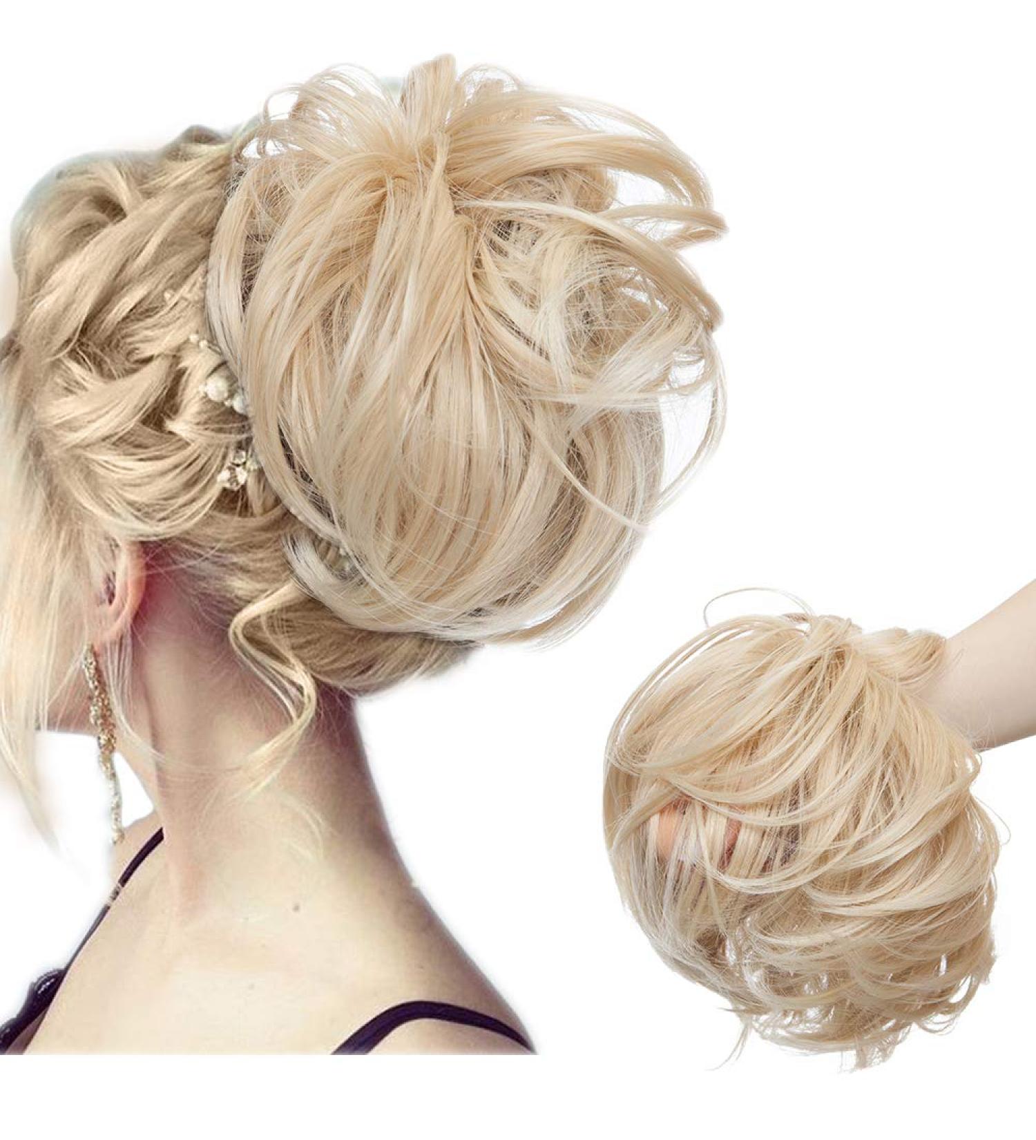 Large Wavy Updo Messy Bun Hair Extension with Elastic Band - 80G Synthetic Chignon Ponytail Hairpiece for Women in Dark Blonde & Bleach Blonde - Buy Online on GoSupps.com