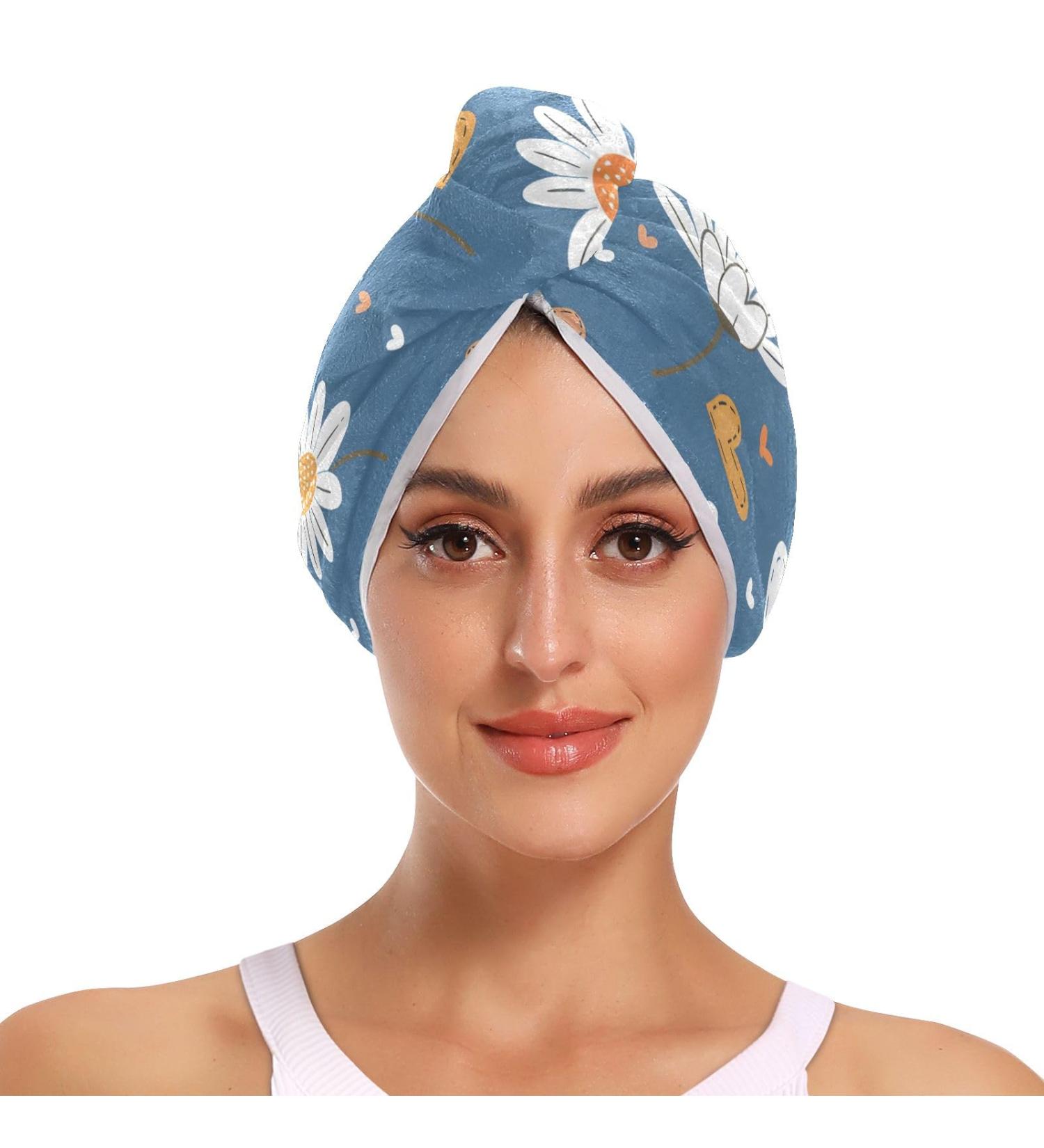 White Daisy Flower Blue Hair Towel 2 Pack | Super Absorbent Quick Dry Hair Turbans for Women & Girls - Buy Online on GoSupps.com