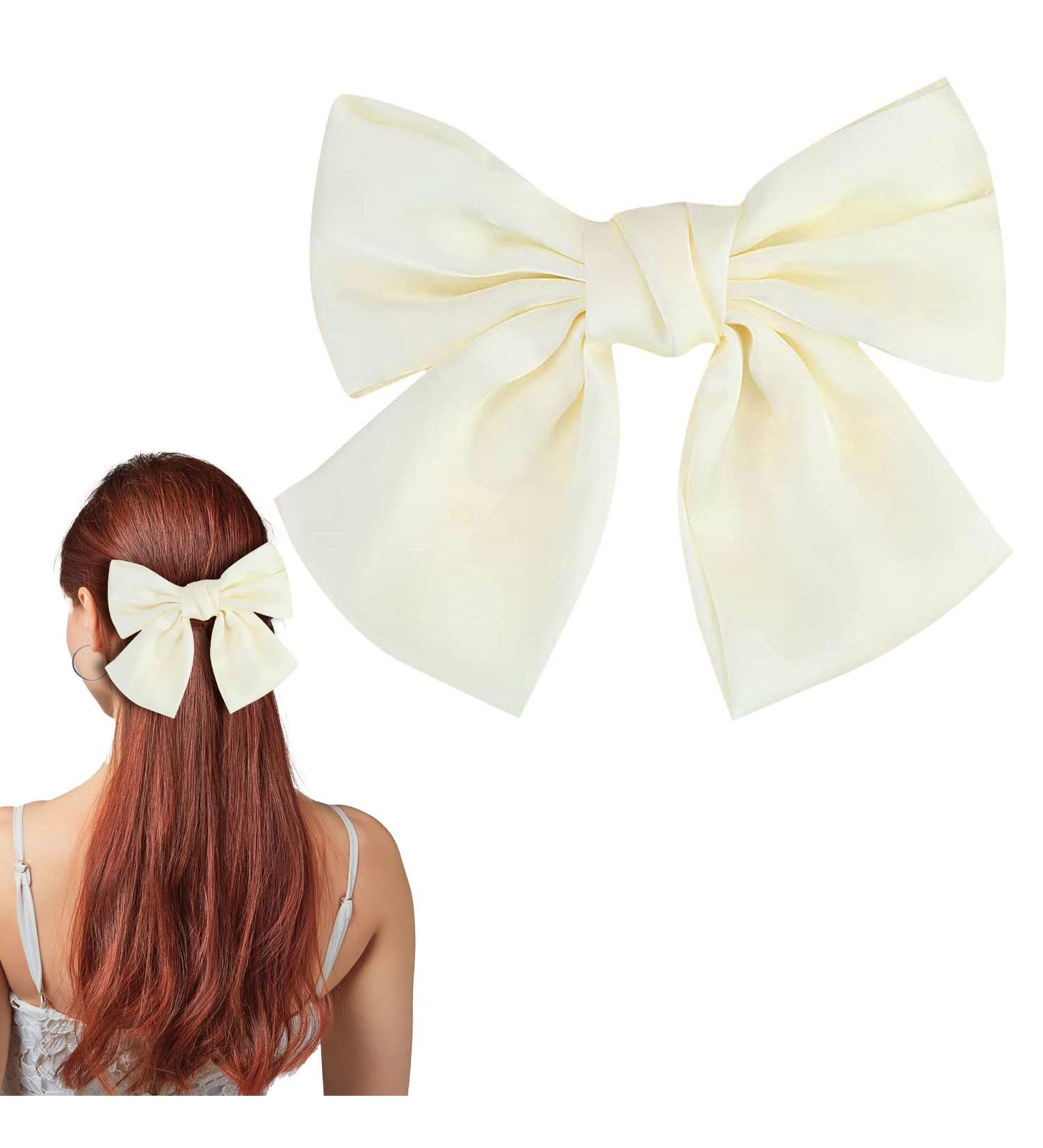 Bow Hair Clip for Women - White Big Bowknot Hairpin with Soft Satin Ribbon | French Barrette Hair Clip for Girls | Hair Bows Accessories - Buy Online on GoSupps.com