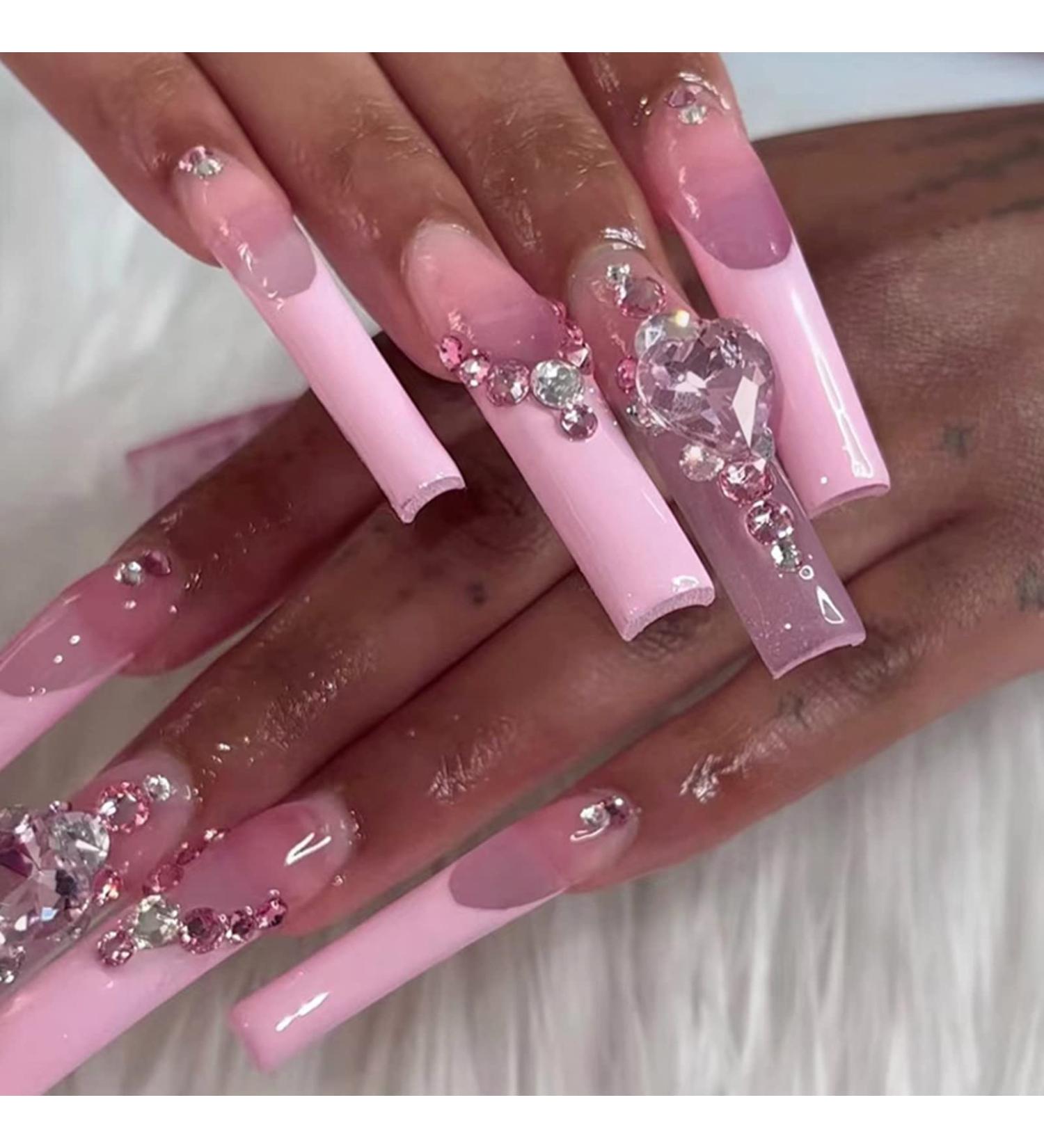 VOTACOS Long Coffin Press on Nails - Pink False Nails with Glitter Heart Design for Women | D1 Glitter Gem - Buy Online on GoSupps.com