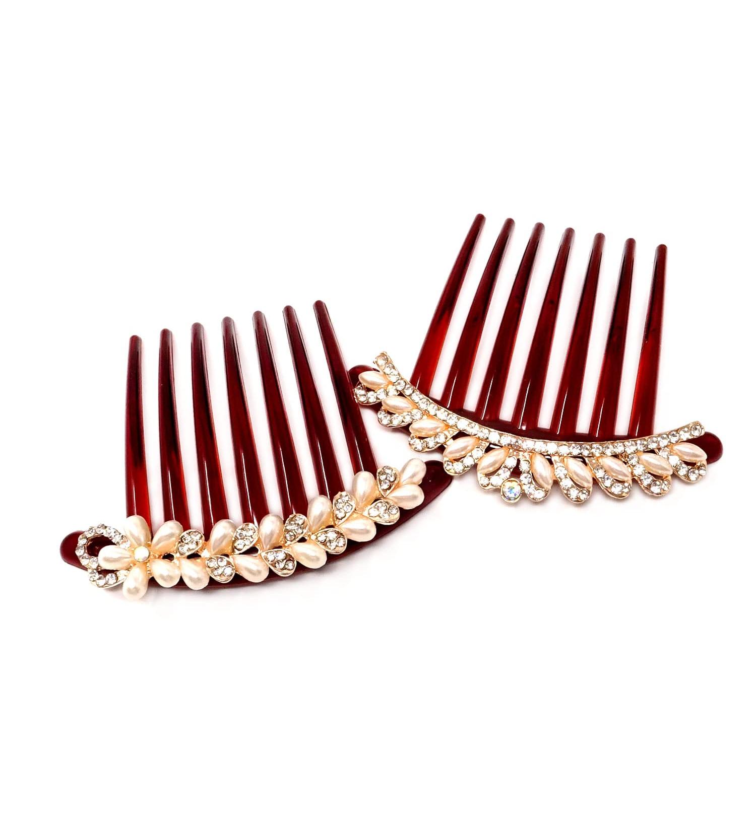 Honbay 2PCS Pearl Crystal Rhinestone Hair Side Combs - Floral Twist Hairpin for Women - Buy Online on GoSupps.com