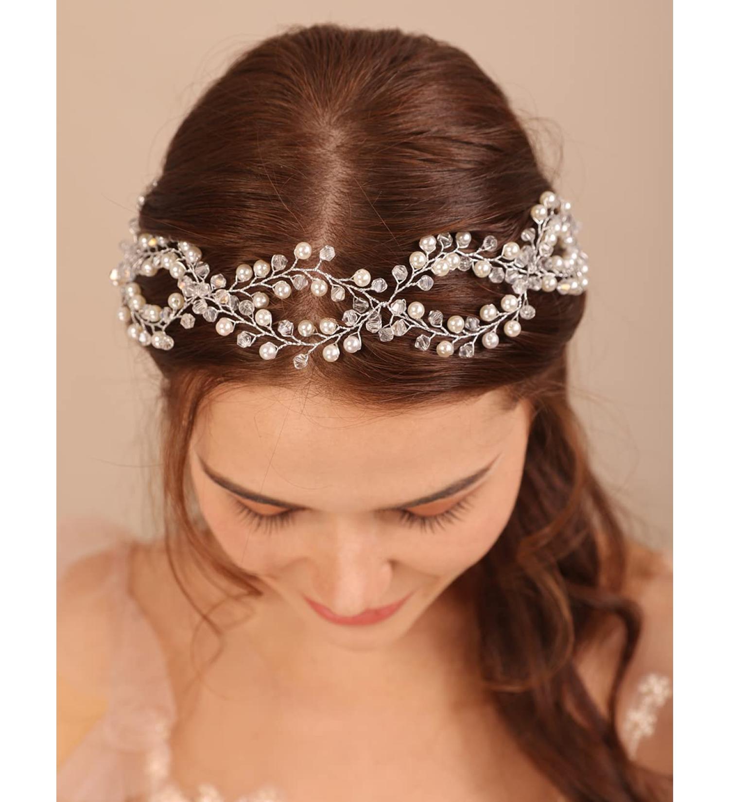 Deniferymakeup Pearl Bride Wedding Hair Vine Crystal Bridal Hair Accessories Wedding Headpiece for Women and Girls (Silver) - Buy Online on GoSupps.com