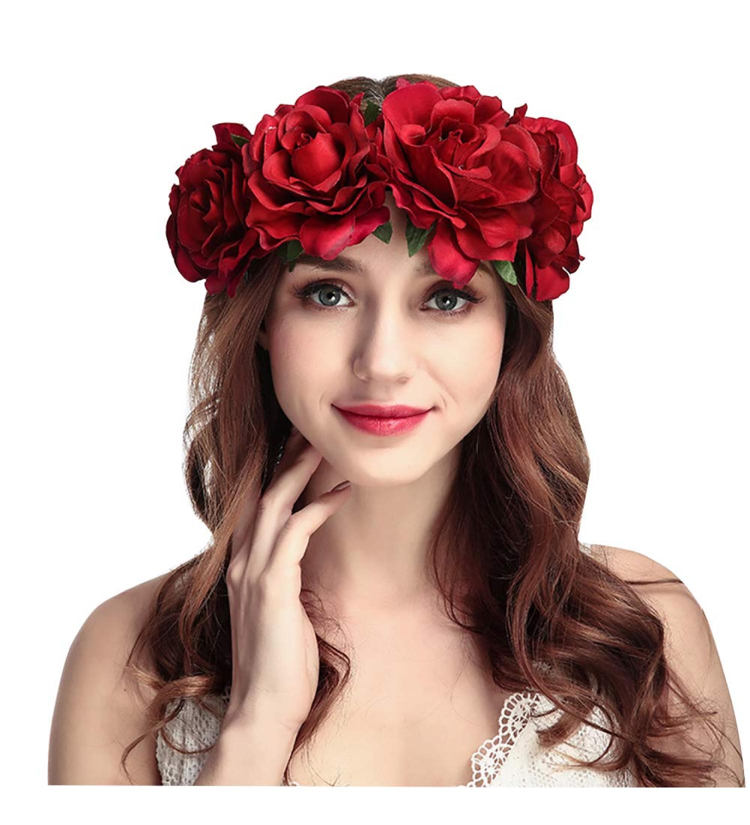 Flower Crown Headband for Women Rose Flower Hair Wreath Boho Floral Headband Wreath Bridal Floral Garland Headpieces Festival Hair Accessories for Ladies Girls Wedding Prom Festival Party Photography Red - Buy Online on GoSupps.com