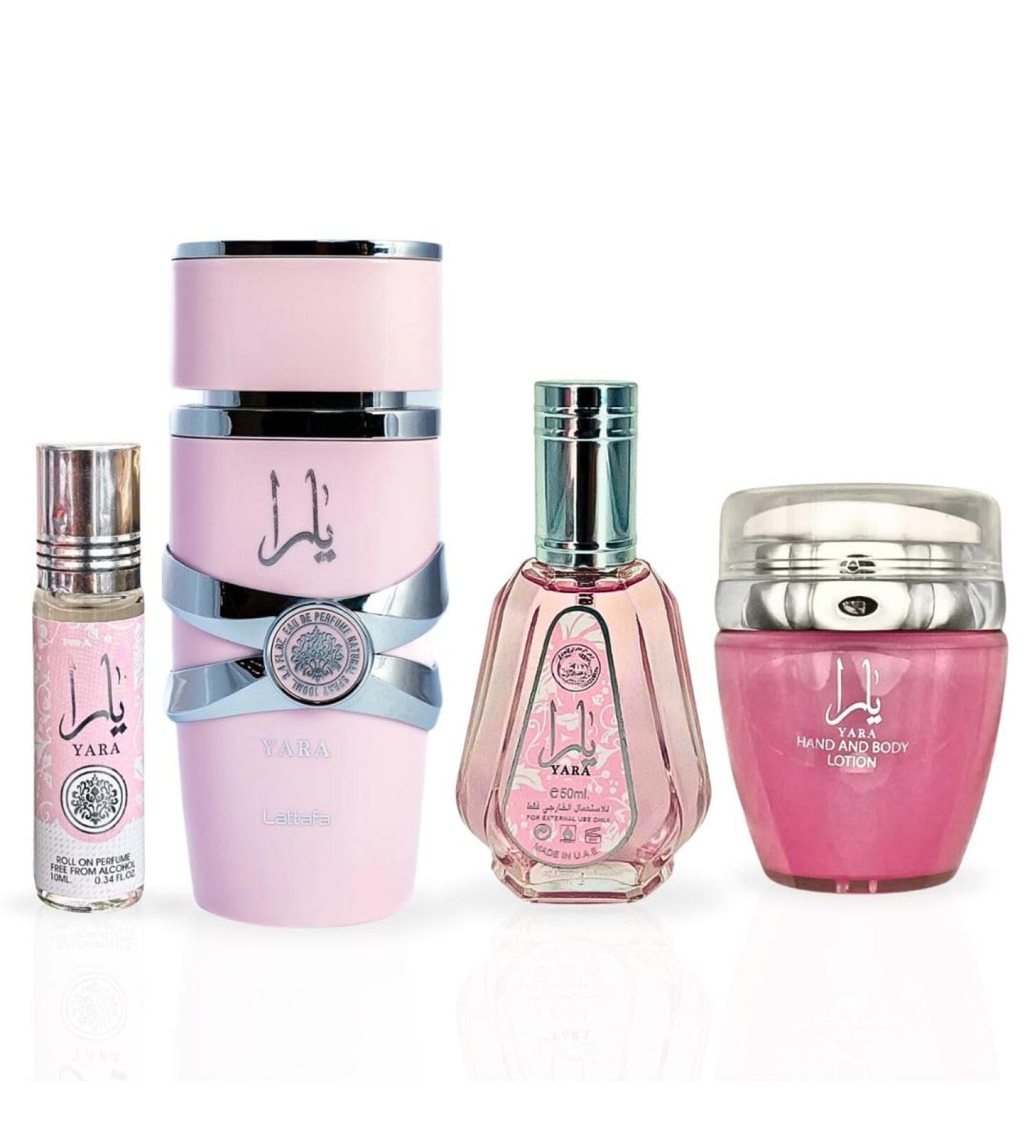 LATTAFA YARA Eau De Parfum Spray 100ML EDP 50ML Hand & Body Lotion 45ML & Roll-on Perfume Oil 10ML - For Women (CHIC COLLECTION) - Buy Online on GoSupps.com