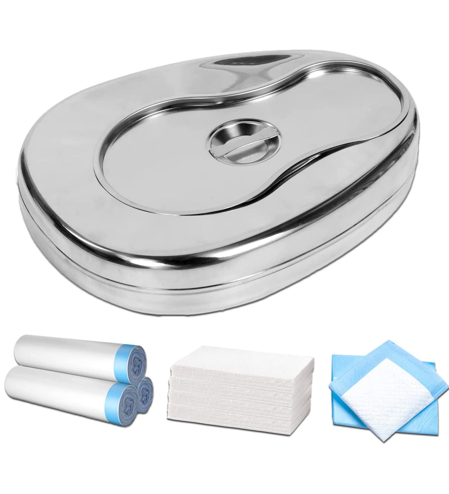 Stainless Steel Bed Pan Set for Elderly - Includes 45 Disposable Liners and Absorbent Pads - Ideal for Women and Men, Bedridden Patients at Home or Hospital - Buy Online on GoSupps.com