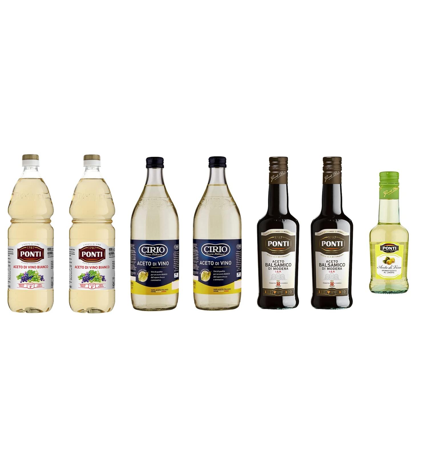 Test package Vinegar Ponti white wine vinegar 2 x 1 liter + Cirio white wine vinegar 2 x 1 liter + Ponti Balsamic vinegar 2 x 500 ml + Ponti wine vinegar with lemon flavor 1 x 250 ml - Buy Online on GoSupps.com