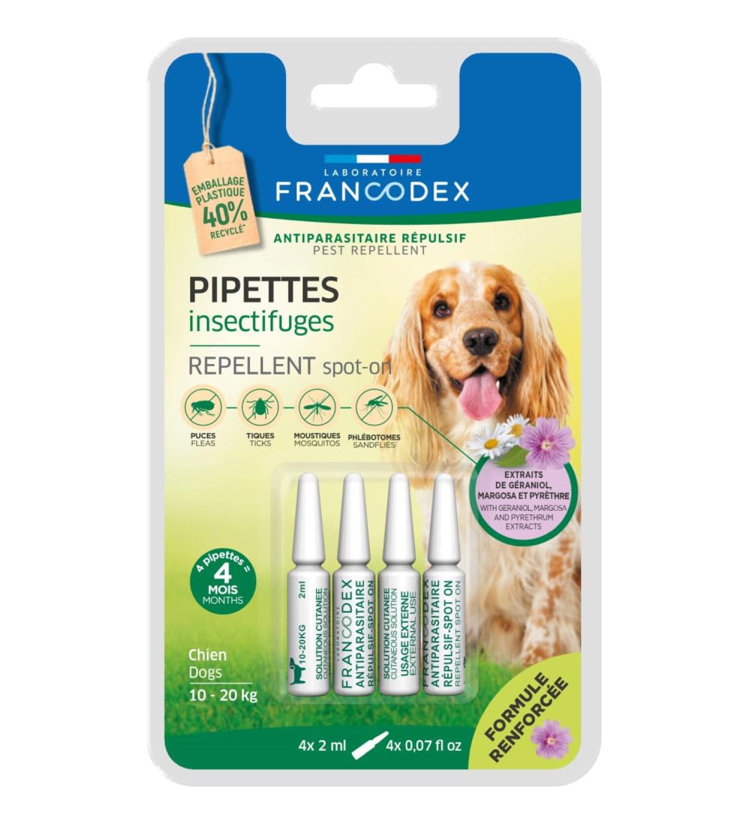 Francodex - 4 Insect Repellent Pipettes for Dogs from 10 kg to 20 kg Reinforced Formula - Buy Online on GoSupps.com
