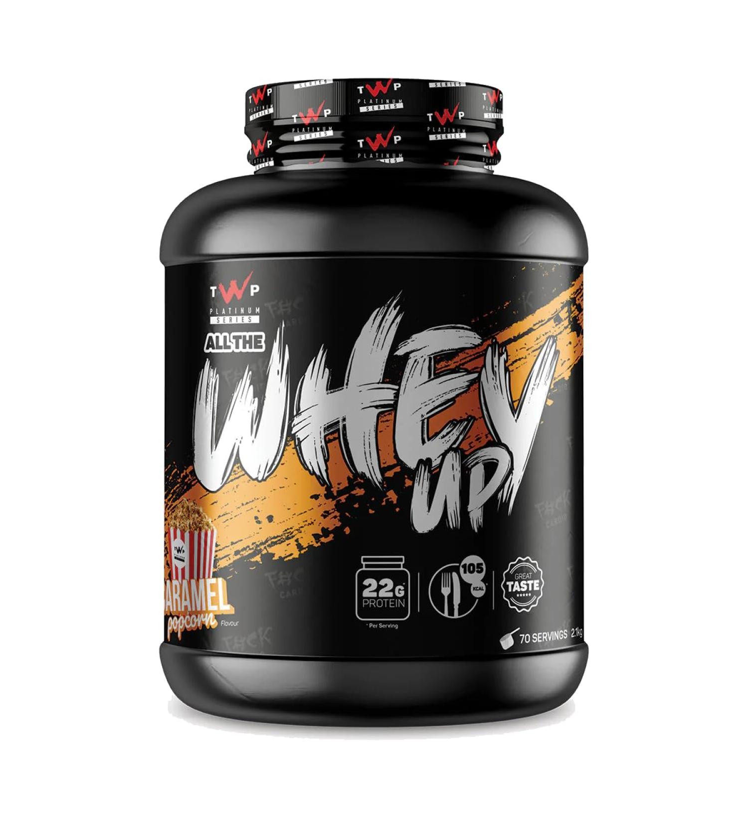 TWP Nutrition Platinum Series All The Whey Up Protein Powder Shake 23g Whey Protein Low Fat Low Carbs 2.1kg/900g & 70/30 Servings Vegetarian Friendly (Caramel Popcorn 2.1kg) Caramel Popcorn 2.1kg - Buy Online on GoSupps.com