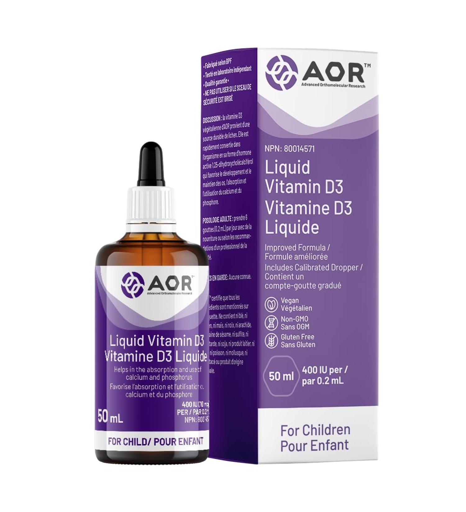 AOR Kids Vitamin D3 400 IU Drops 50 ml - Vegan Vitamin D3 Supplement - Organic Cholecalciferol with Calcium for Children - No Preservatives or Sugar - Gentle Support for Strong Bones & Immune Function - Buy Online on GoSupps.com