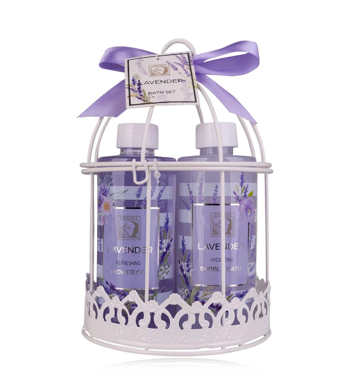 Accentra-shower set women gift set lavender in a beautiful wire basket 4-part care set with shower gel body lotion bubble bath and much more.- Wellness gift set for birthday Valentine's Day & Christmas lavender wire basket