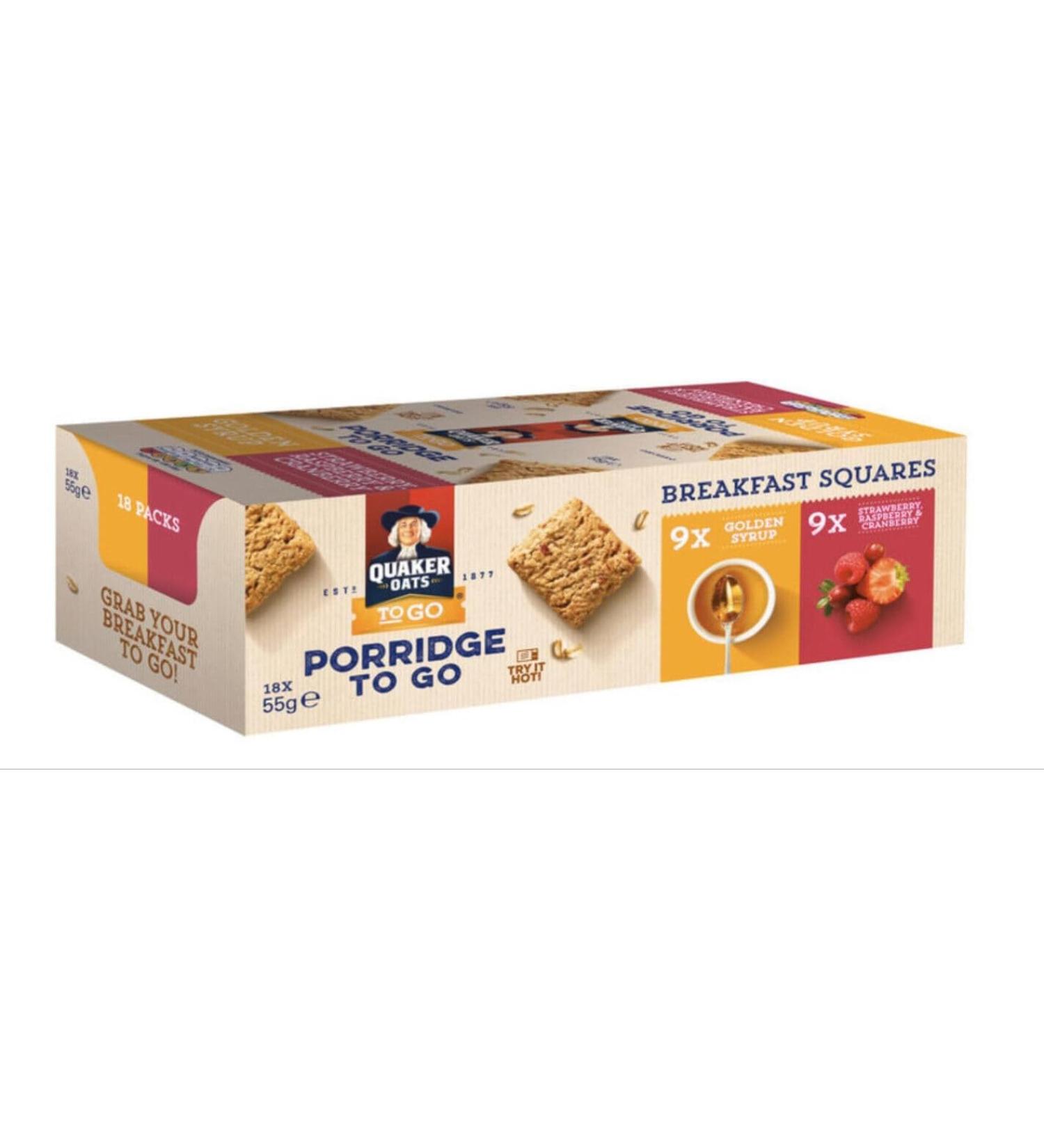 Quaker Oats Porridge To Go Breakfast Squares 2 Variety Pack - 9 Golden Syrup - 9 Strawberry Raspberry & Cranberry (18 pack total)