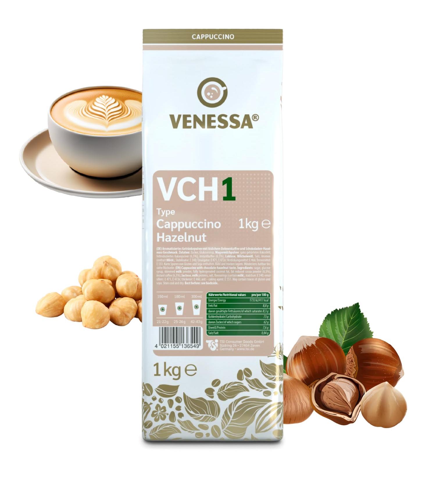 VENESSA VCH1 Cappuccino Hazelnut Pack of 5 x 1 kg Instant coffee with hazelnut flavour Soluble and creamy yield Suitable for all coffee and vending machines - Buy Online on GoSupps.com