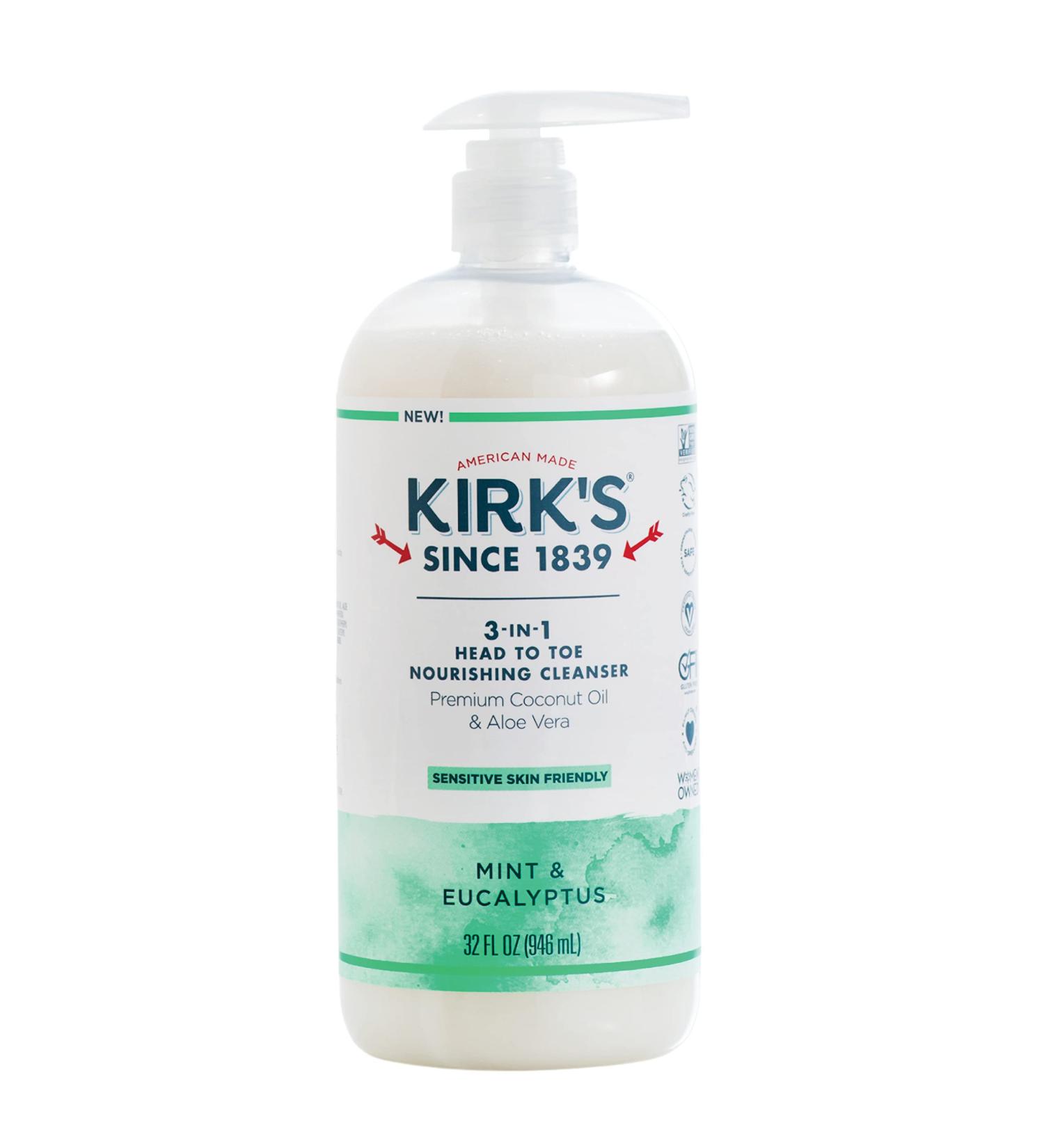 Kirk's 3-in-1 Castile Liquid Soap Mint & Eucalyptus | Head-to-Toe Clean Shampoo, Face Wash & Body Wash | 32 Fl Oz | Men, Women & Children - Buy Online on GoSupps.com