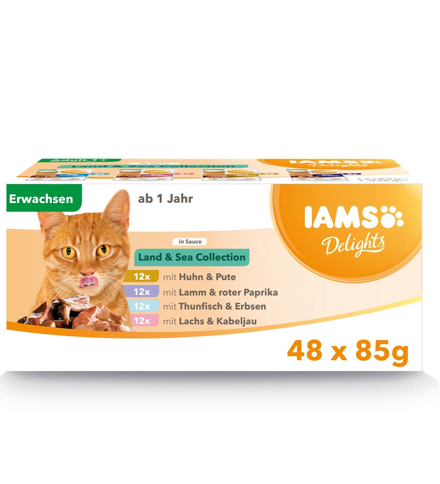 IAMS Delights Land & Sea Collection wet cat food in sauce 48 x 85 g in sauce 85 g (pack of 48)