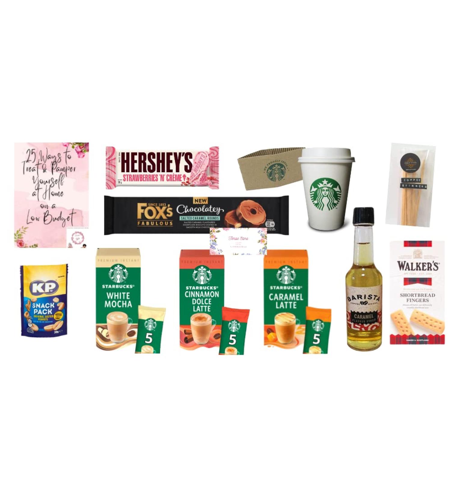 Starbucks Instant Coffee Gift Box- Compatible For Lovers Of Starbucks| Starbucks White Mocha Cinnamon Dolce Latte & Caramel Latte Flavour| Coffee Cup Sleeves Stirrers|Snacks & Pamper Guide - Buy Online on GoSupps.com