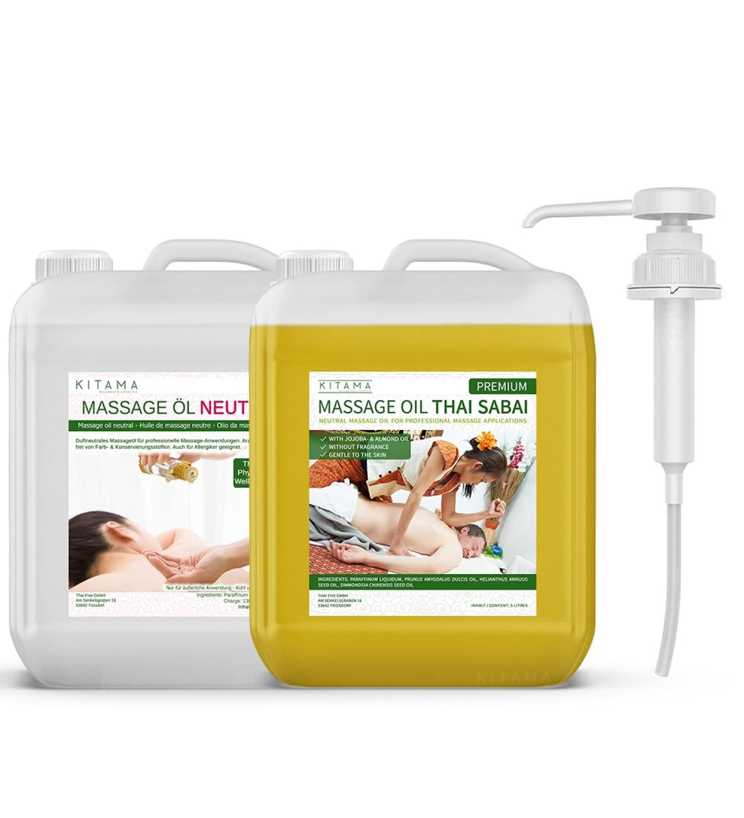 Kitaama 10L Massage Oil Set - Neutral & Soft + Thai Sabai for Spa & Physiotherapy | Fragrance-Free Base Oil with DIN 45 Canister Pump - Buy Online on GoSupps.com