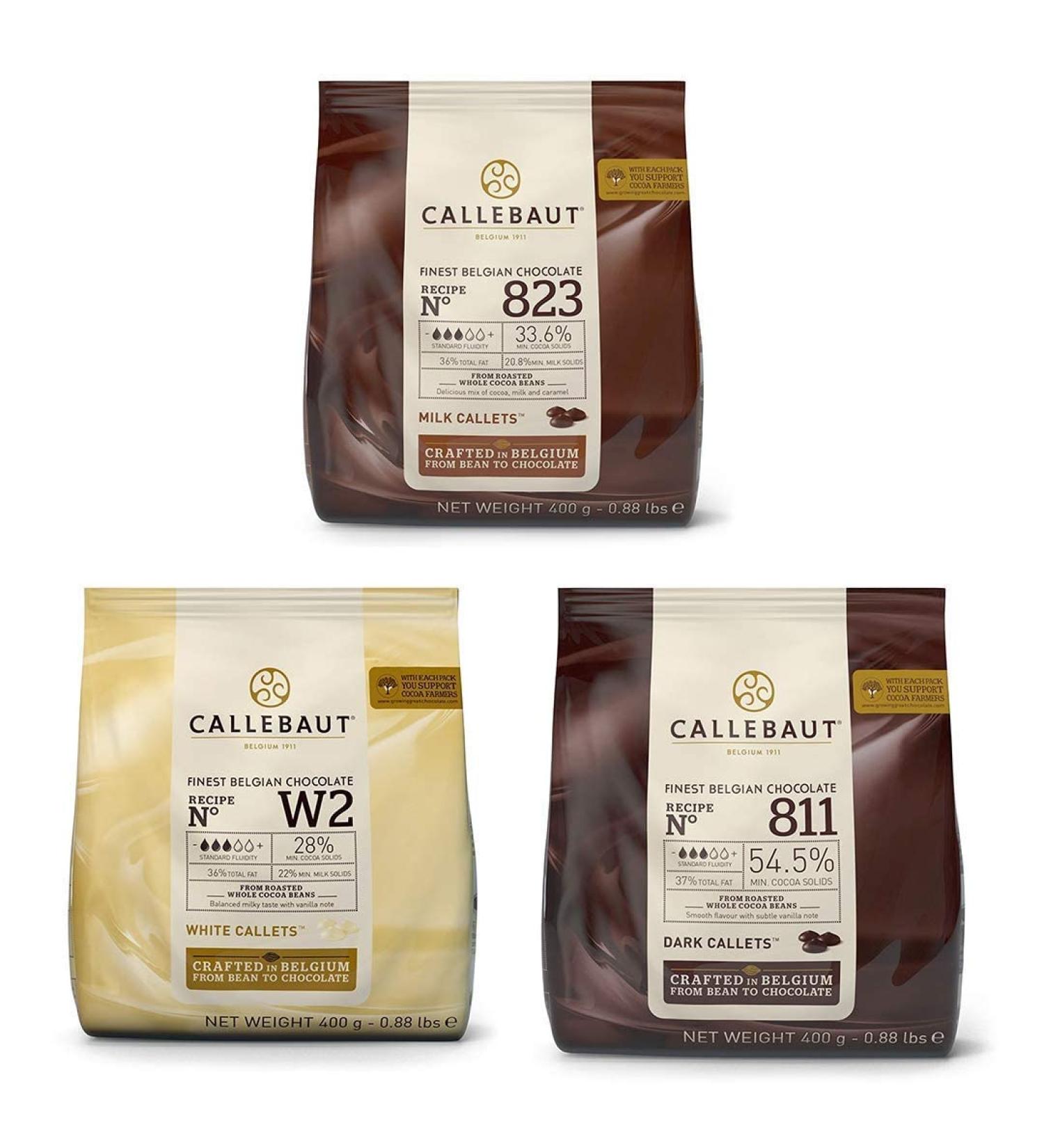 Callebaut Chocolate Bundle 3x400g Milk, Dark, and White Couverture Callets - Buy Online on GoSupps.com