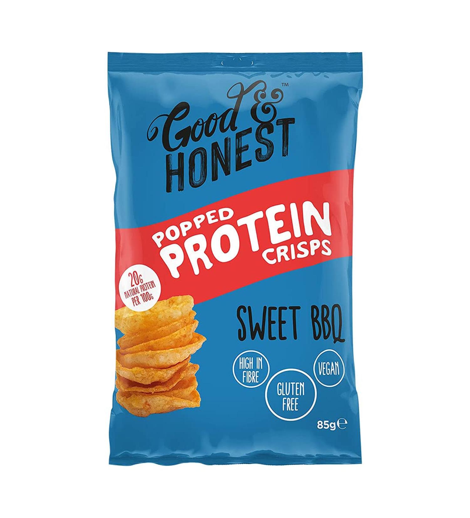 Good & Honest Popped Protein Crisps Gluten-Free Pub Snacks Sweet BBQ Flavour 8 x 85g - Buy Online on GoSupps.com