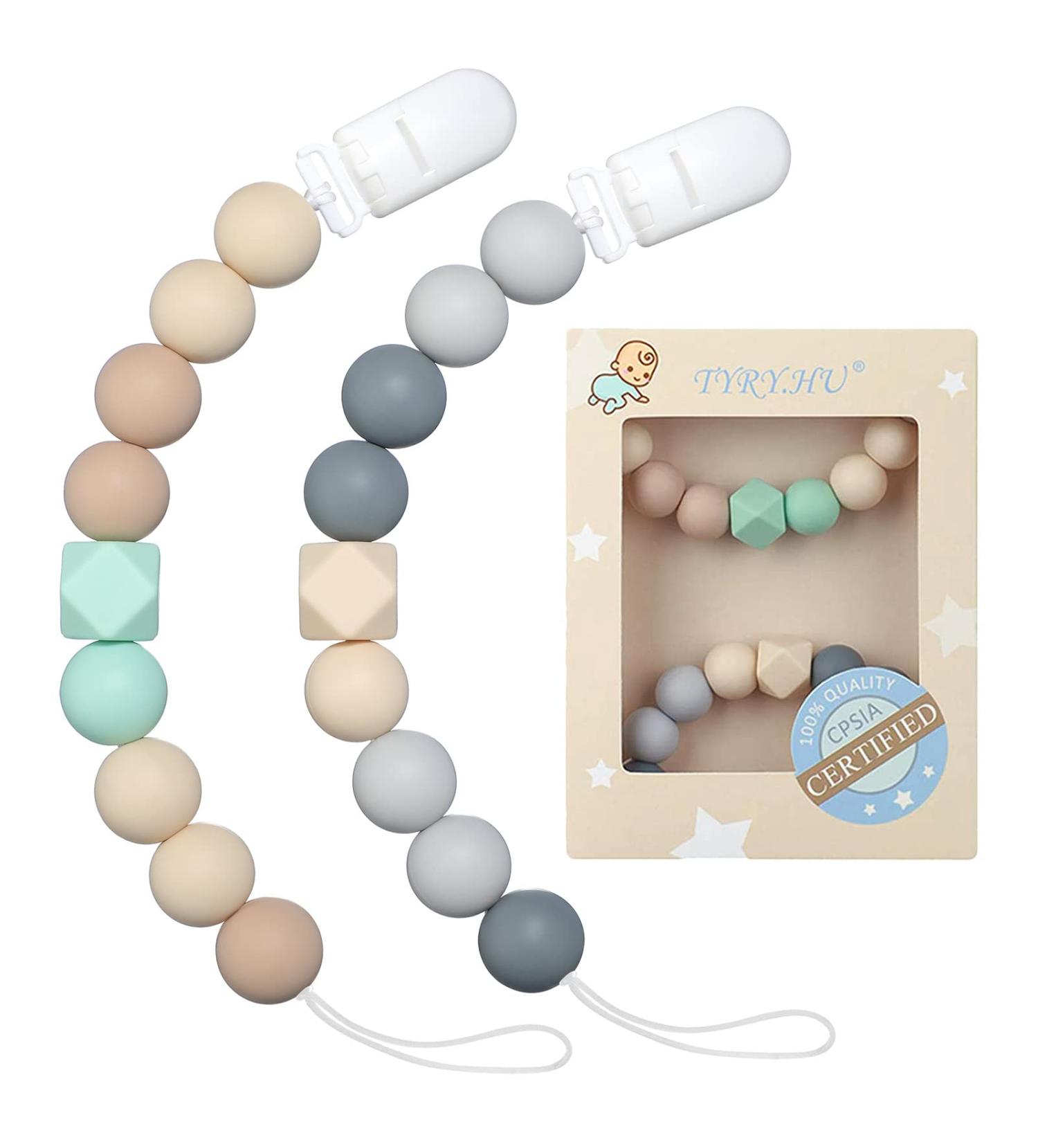 Pacifier Clip for Baby Boys Girls | Neutral Binky Holder | 2 Pack (Beige Grey) - Buy Online on GoSupps.com