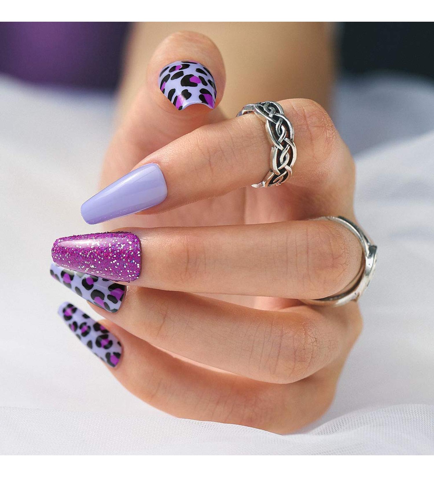 Sethexy Long Purple Ballerina False Nails - Leopard Sparkle Acrylic Nail Tips (24pcs) for Women & Girls - Buy Online on GoSupps.com