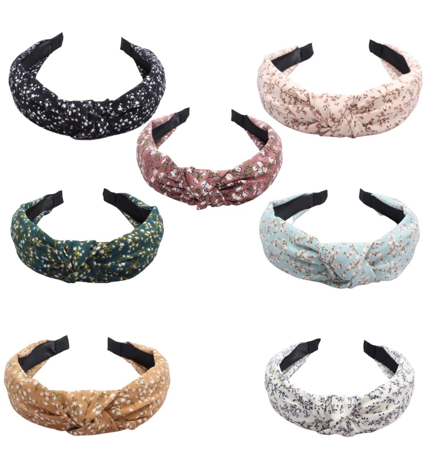 Floral Pattern Knotted Headbands Set - 7Pcs Wide Twisted Knot Hair Bands for Women and Girls | Vintage Fashion Hair Accessory - Buy Online on GoSupps.com
