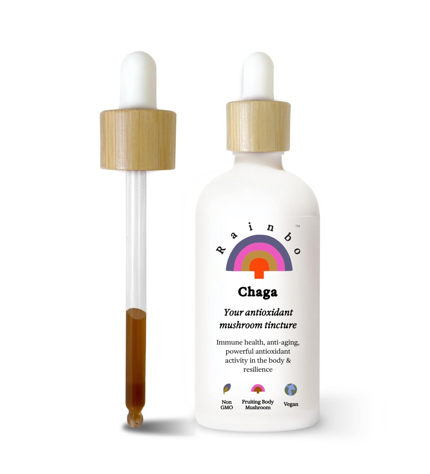Rainbo - Chaga Mushroom Tincture - Dual Extract Mushroom Supplement - Immune Support Cellular Support Liquid Chaga Supplement Vegan Non GMO 3.4 fl oz Alcohol Based - Buy Online on GoSupps.com