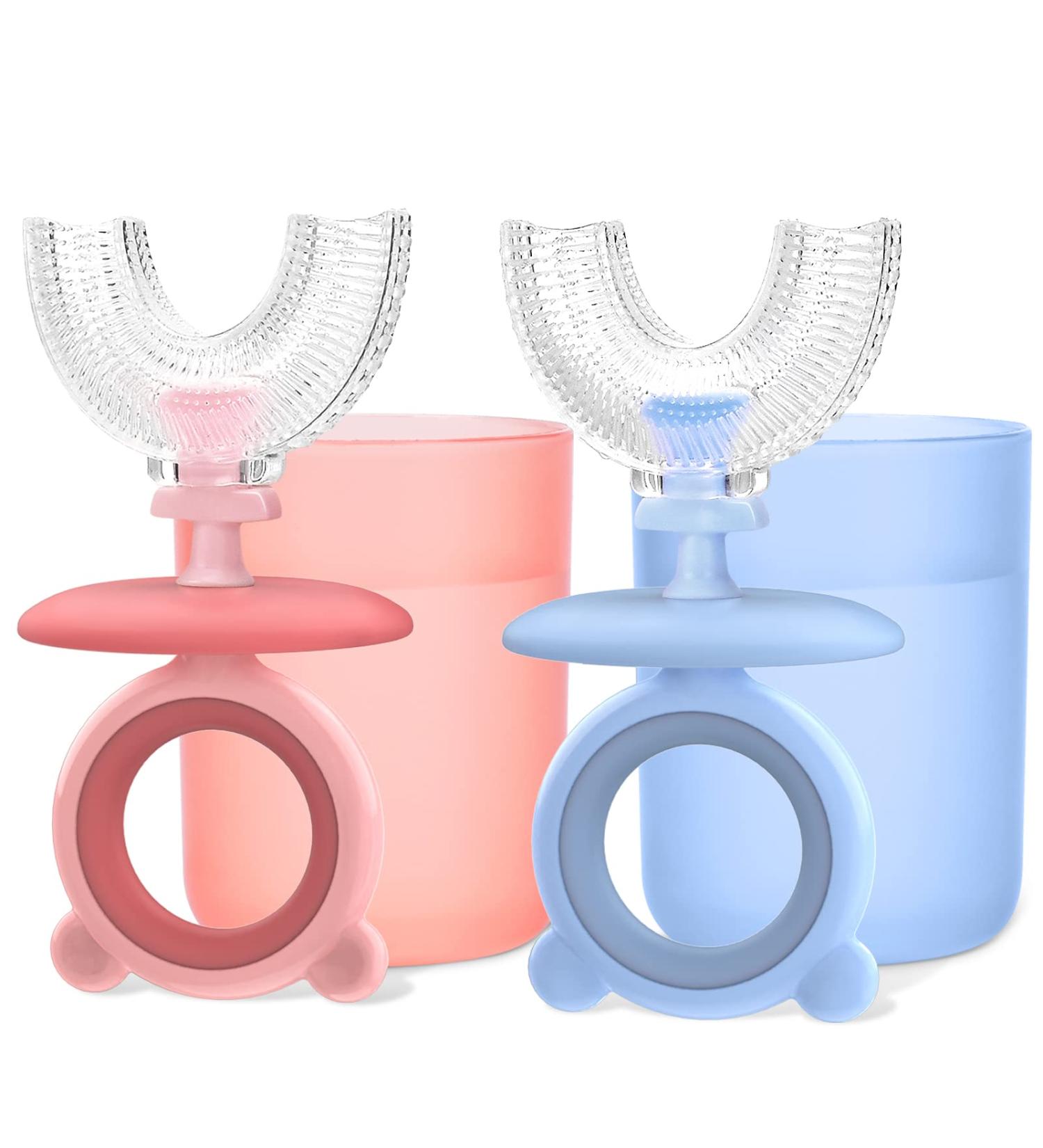 JoujouFly 2 Pack Toddler U-Shaped Toothbrush for Ages 2-6 with Storage Cup - Pink & Blue - Buy Online on GoSupps.com