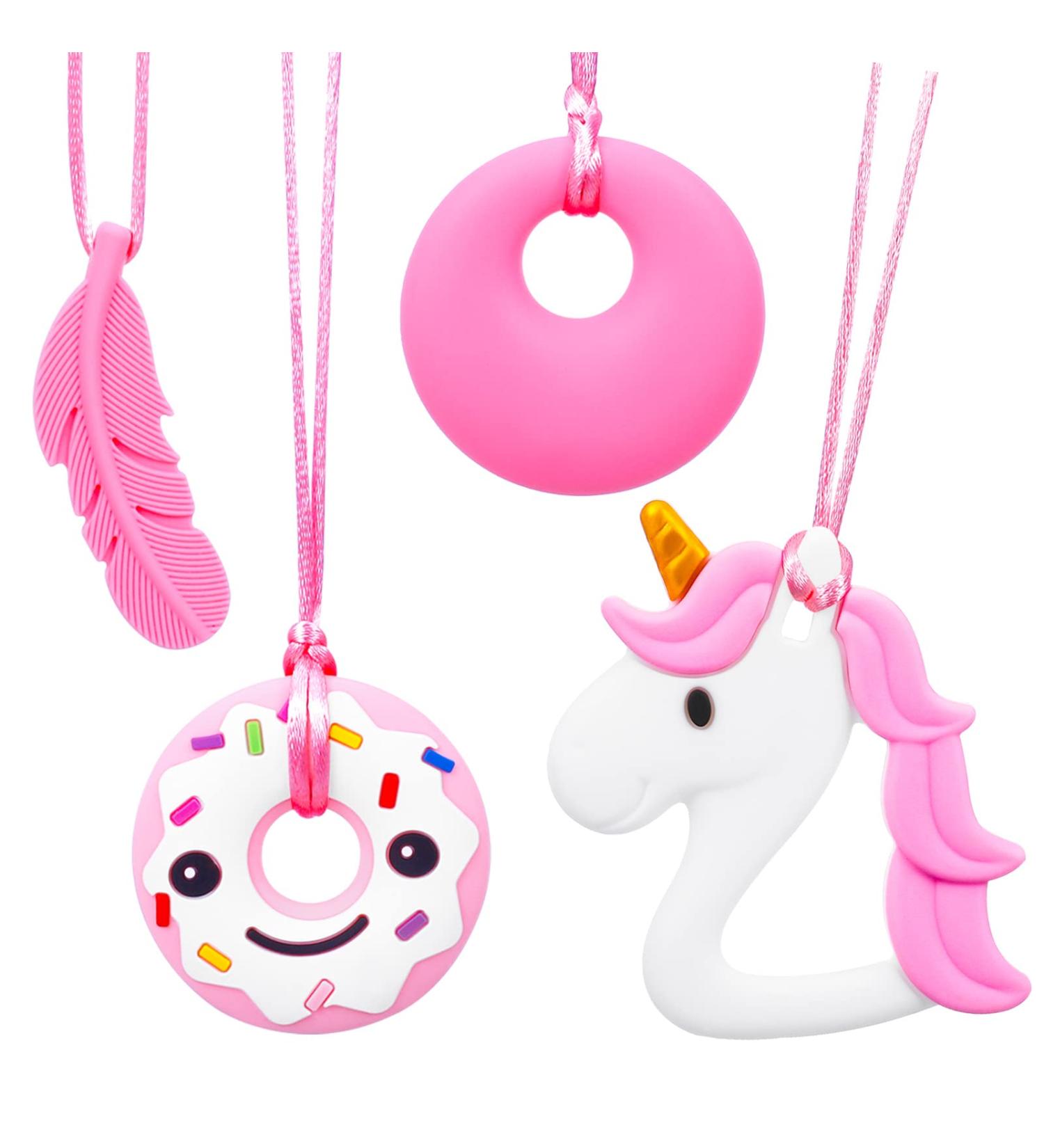Qinren 5-Piece Sensory Chewing Chains Set - Food-Safe Silicone Oral Motor Bite Rings for Kids - Anxiety Relief & Biting Needs - Pink & White - Buy Online on GoSupps.com