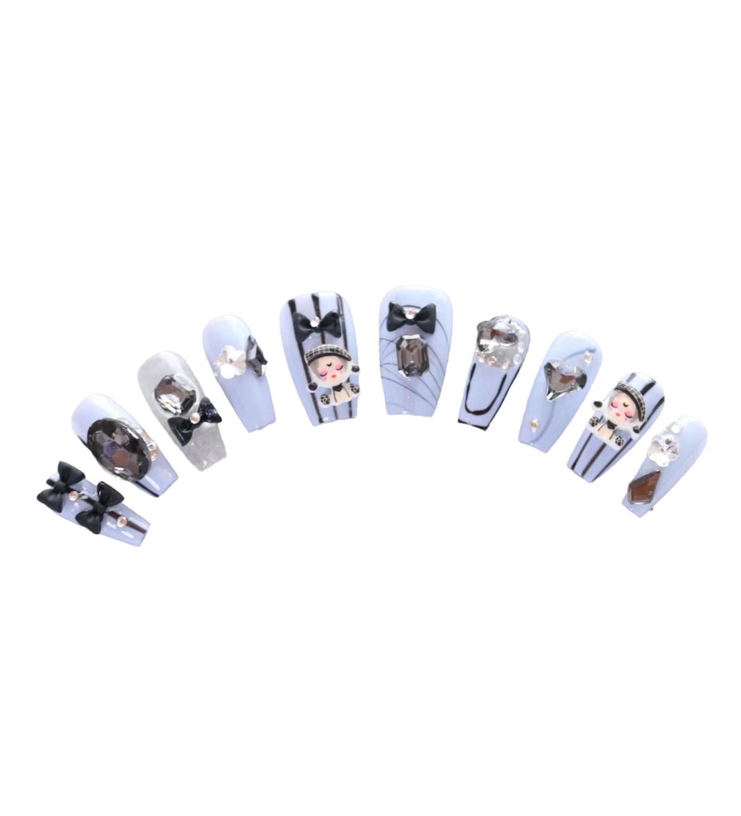 PN-014 Press-On Nails Lacquered 10 Pieces Reusable False Nails Y2K Pastel Goth Disc Crystal Stones Blue - Buy Online on GoSupps.com