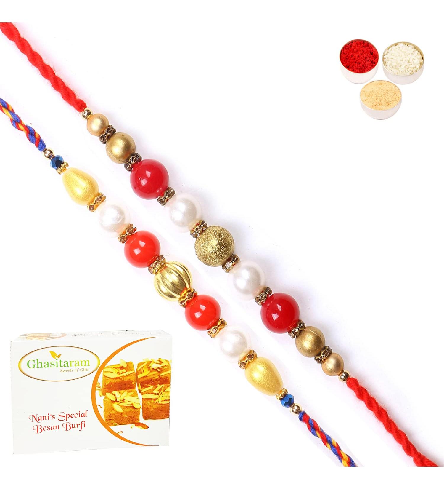Ghasitaram Gifts Rakhi for Brother Rakhis Online - Set of 2 7615 7622 Pearl Rakhis with 400 GMS of Besan Barfi - Buy Online on GoSupps.com