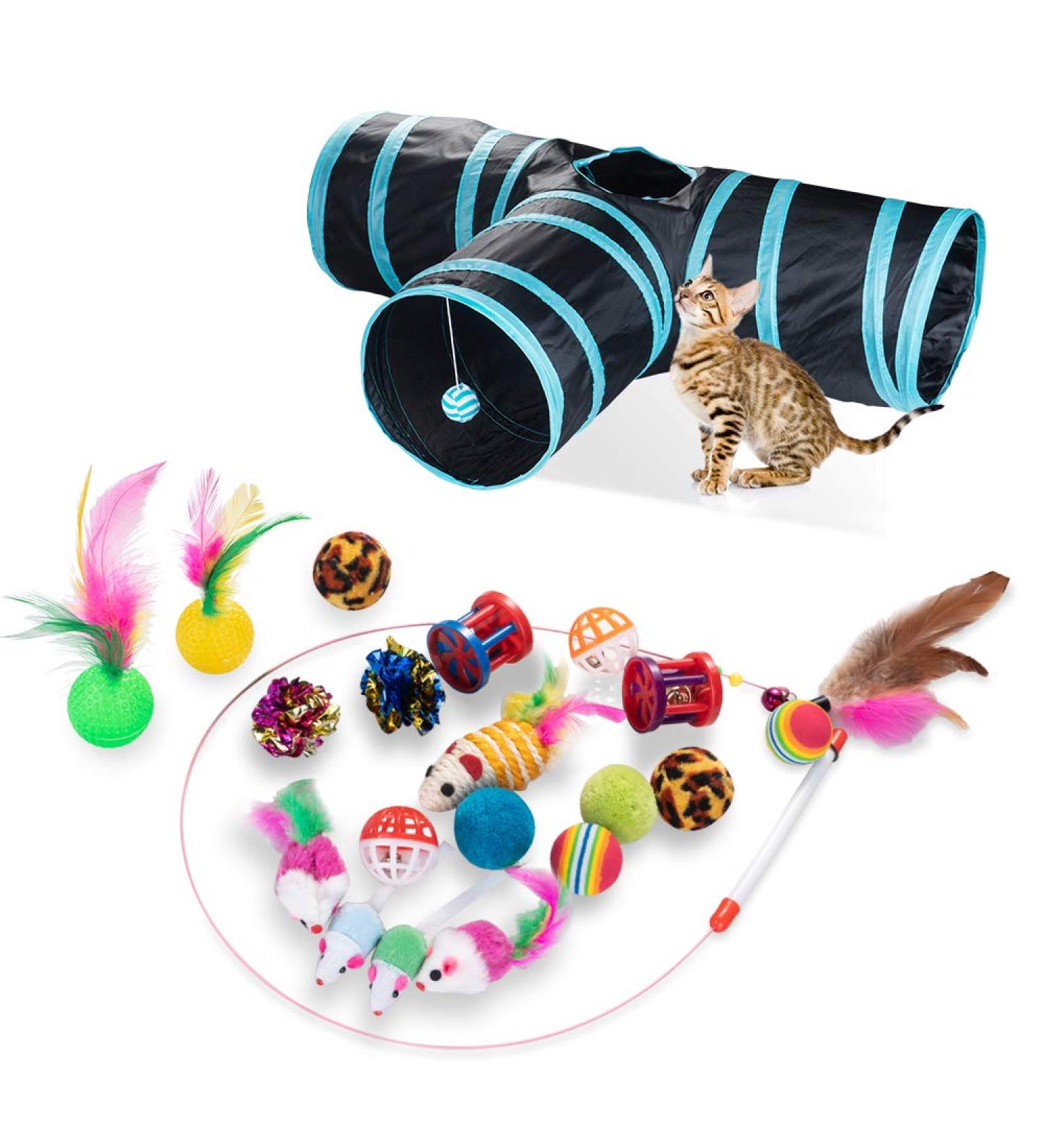 21 PCS Cat Interactive Toys - Kitten Tunnel Toy Assortments Feather Wand Fun Ball Chew Sticks Fluffy Mouse Fake Mice Crinkle Balls Bell Play Supplies for Kitten (3way-blue) - Buy Online on GoSupps.com