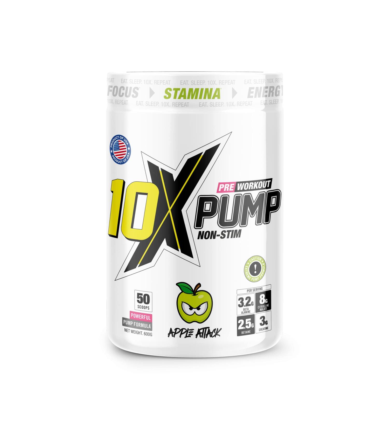 10X Athletic Non Stim Pre Workout No Caffeine Beta Alanine Creatine Sugar Free Vegan Low Calorie Various Flavours 600g 25/50 Servings (Apple)