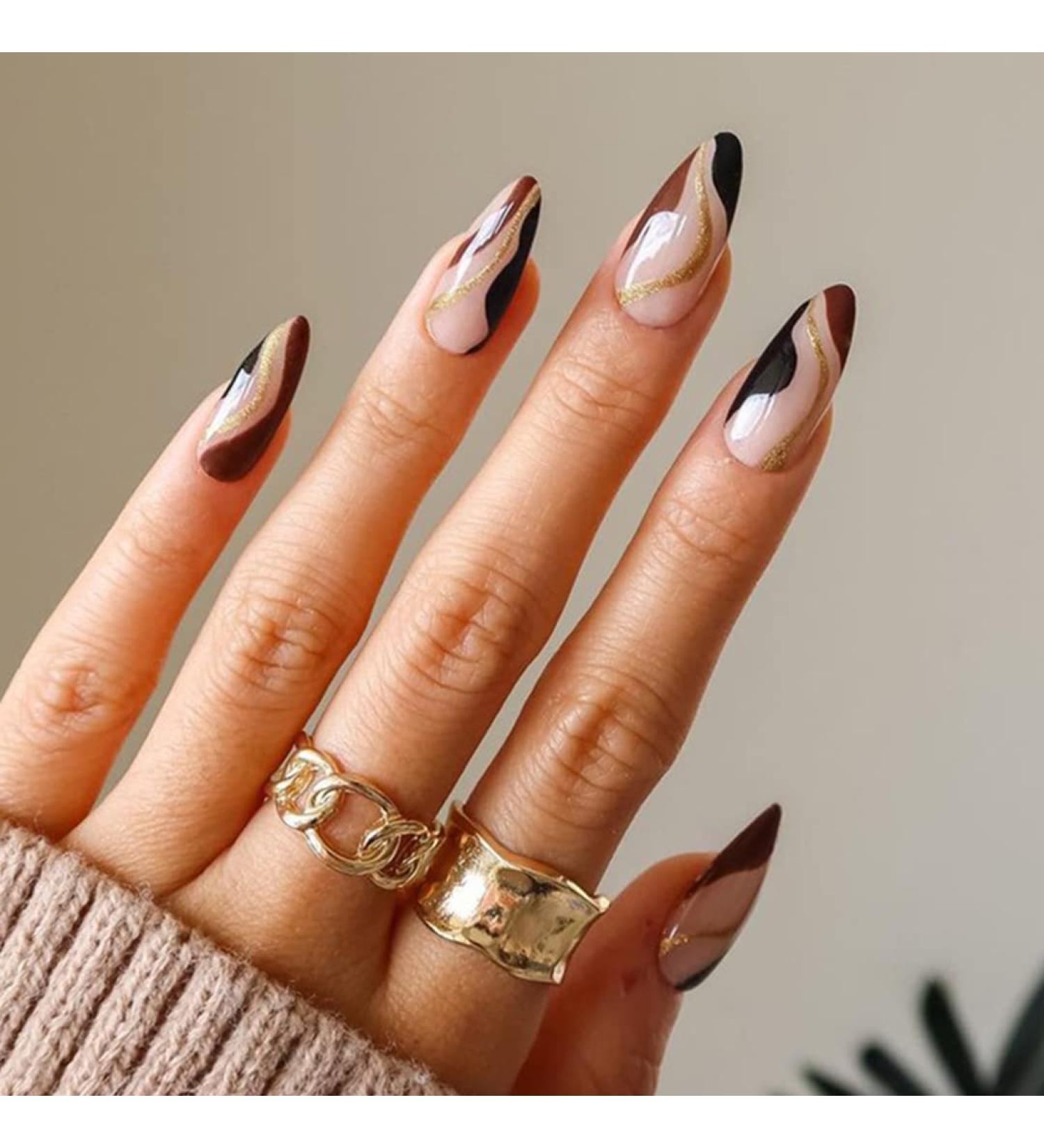 Sethexy Almond Shape French Press On Nails - 24 Stylish Swirl Acrylic False Nails for Women & Girls - Brown - Buy Online on GoSupps.com