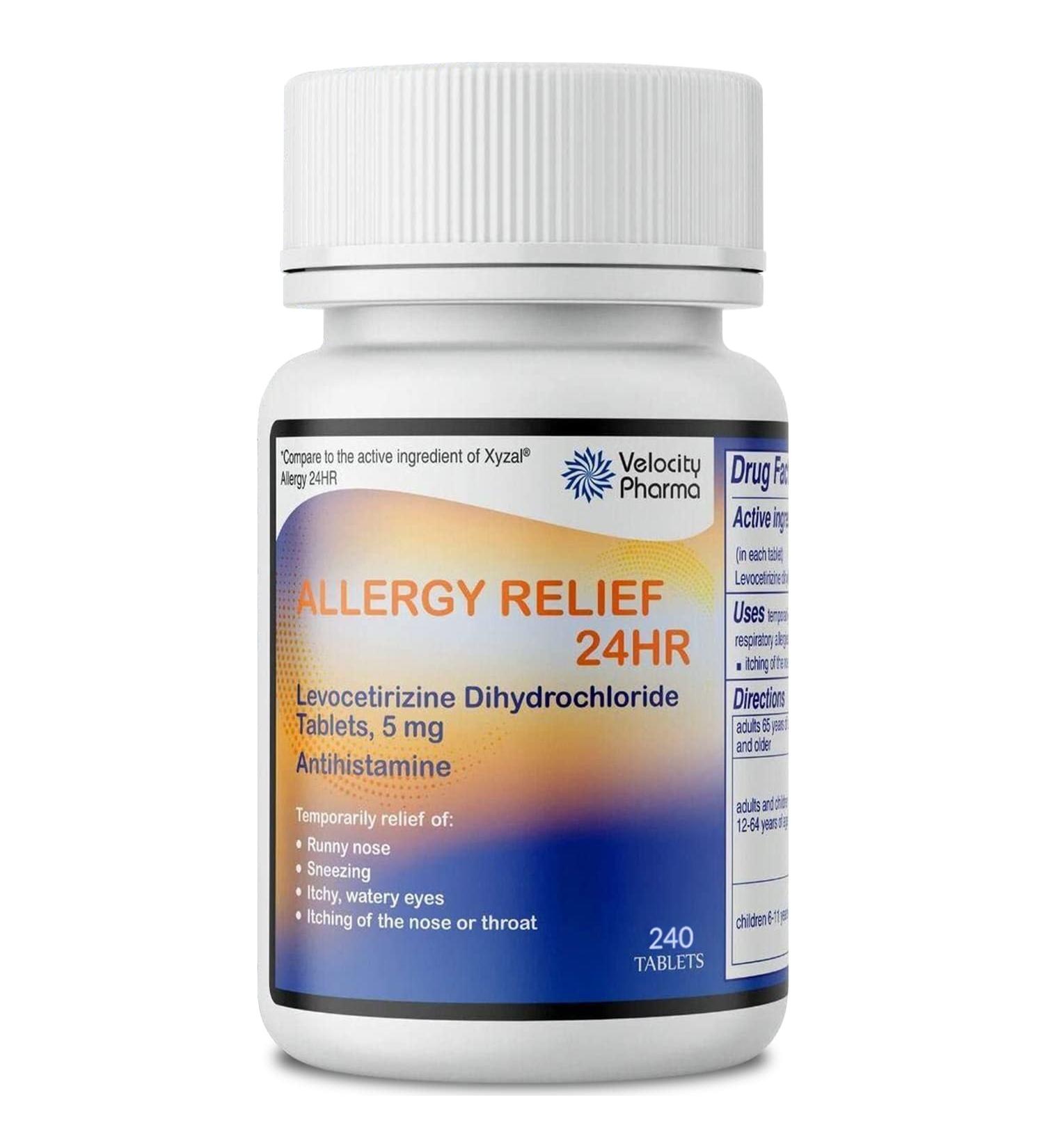 Velocity Pharma Levocetirizine Dihydrochloride Tablets USP 5mg - 24 Hour Allergy Relief - Non-Drowsy Antihistamine - 240 Count - Buy Online on GoSupps.com