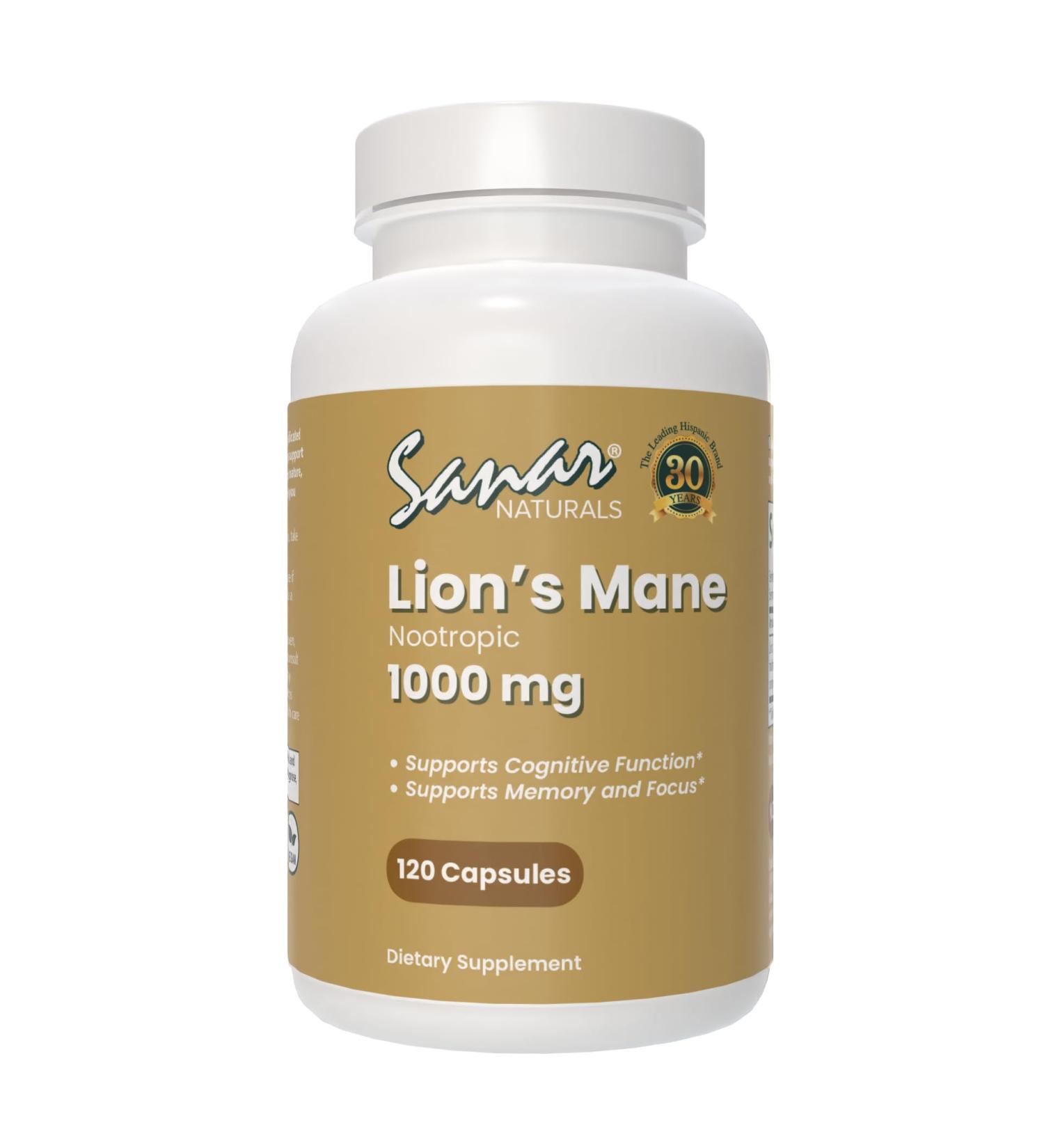 Sanar Naturals Lions Mane Supplement Capsules - Focus, Memory and Brain Function Support - Mushroom Lions Mane Powder Supplement Nootropic - Non-GMO, Gluten-Free, 120 Pills - Buy Online on GoSupps.com