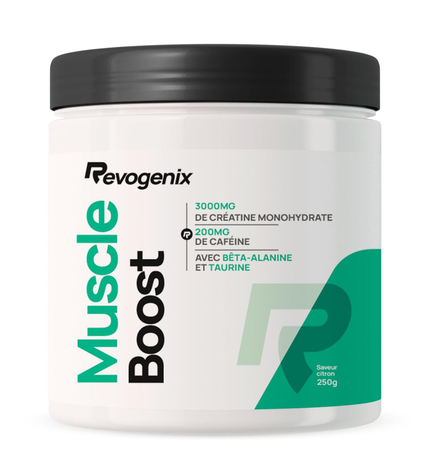 Muscle Boost | Pre-Workout avec Cr atine Caf ine B ta-Alanine Tyrosine & Taurine | Booster de Performances Musculaires | Energie & Congestion Musculaire | Pot de 250g | Saveur Citron | Revogenix Citron 250 g - Buy Online on GoSupps.com