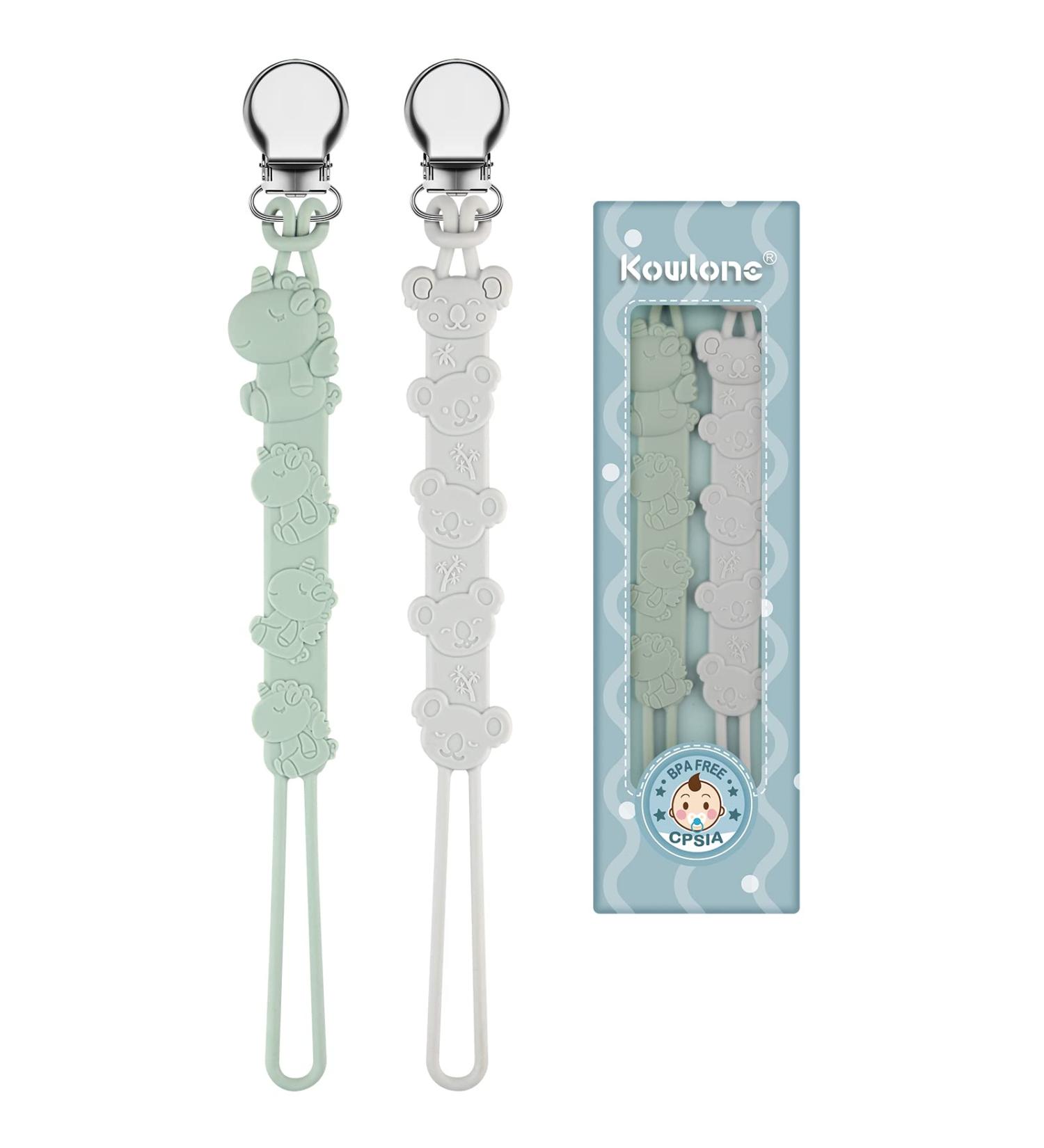 Kowlone Koala Bear Silicone Dummy Clip Set - Teething Pacifier Holder for Boys and Girls (Green Grey) - Buy Online on GoSupps.com