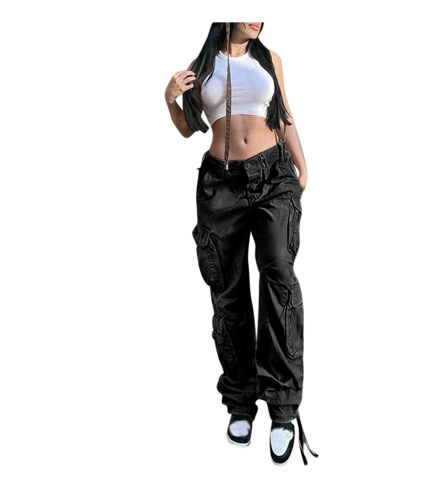 Gufesf Women's Baggy Cargo Pants - Trendy Low Waist Wide Leg Trousers with Big Pockets | Y2K Streetwear Fashion - Ak-a-black, Large - Buy Online on GoSupps.com