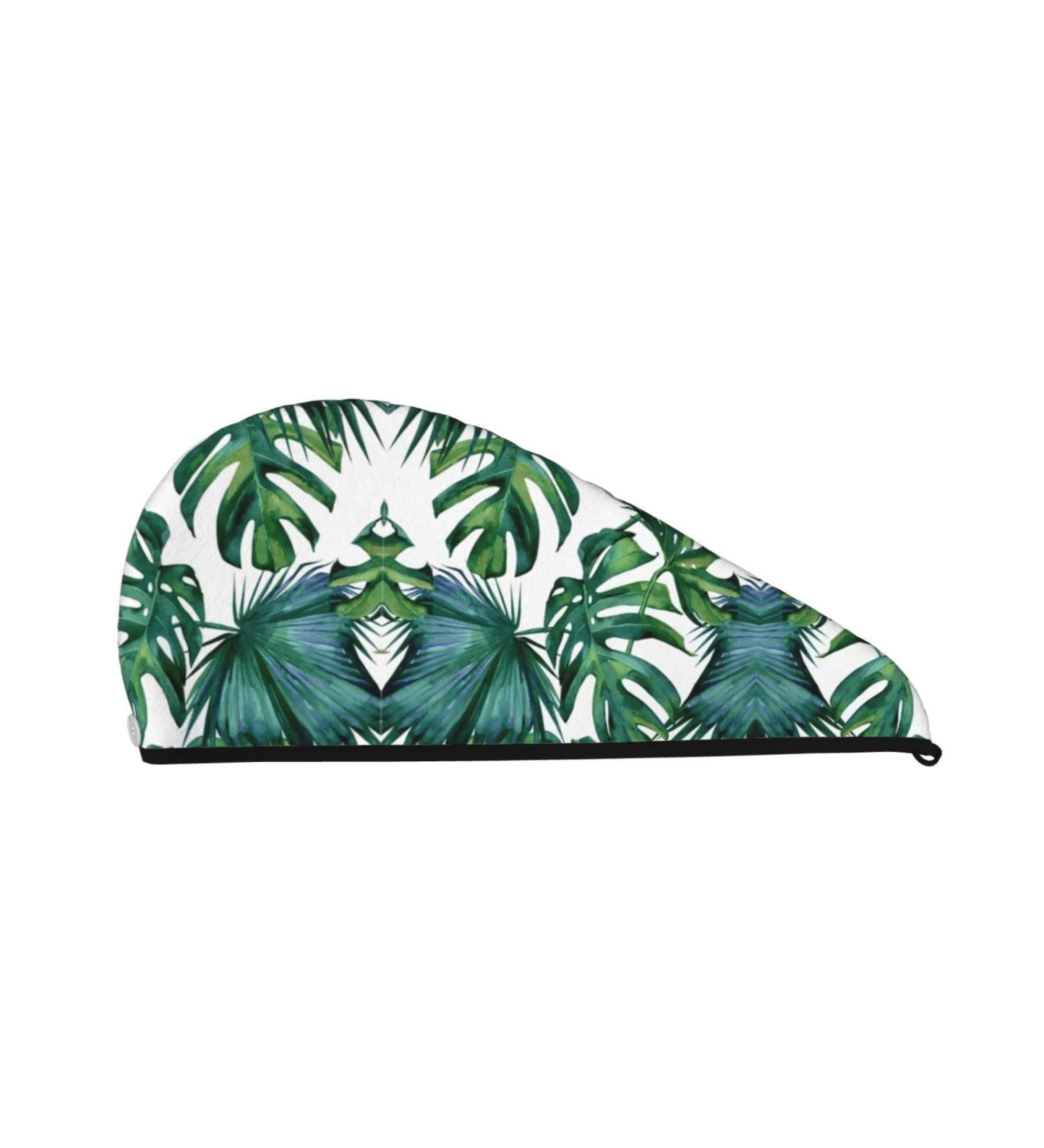 Green Banana Leaves Print Coral Velvet Dry Hair Cap - Absorbent Towel Wrap for Women | Perfect for Wet Hair Swimming Pool & Travel - Buy Online on GoSupps.com