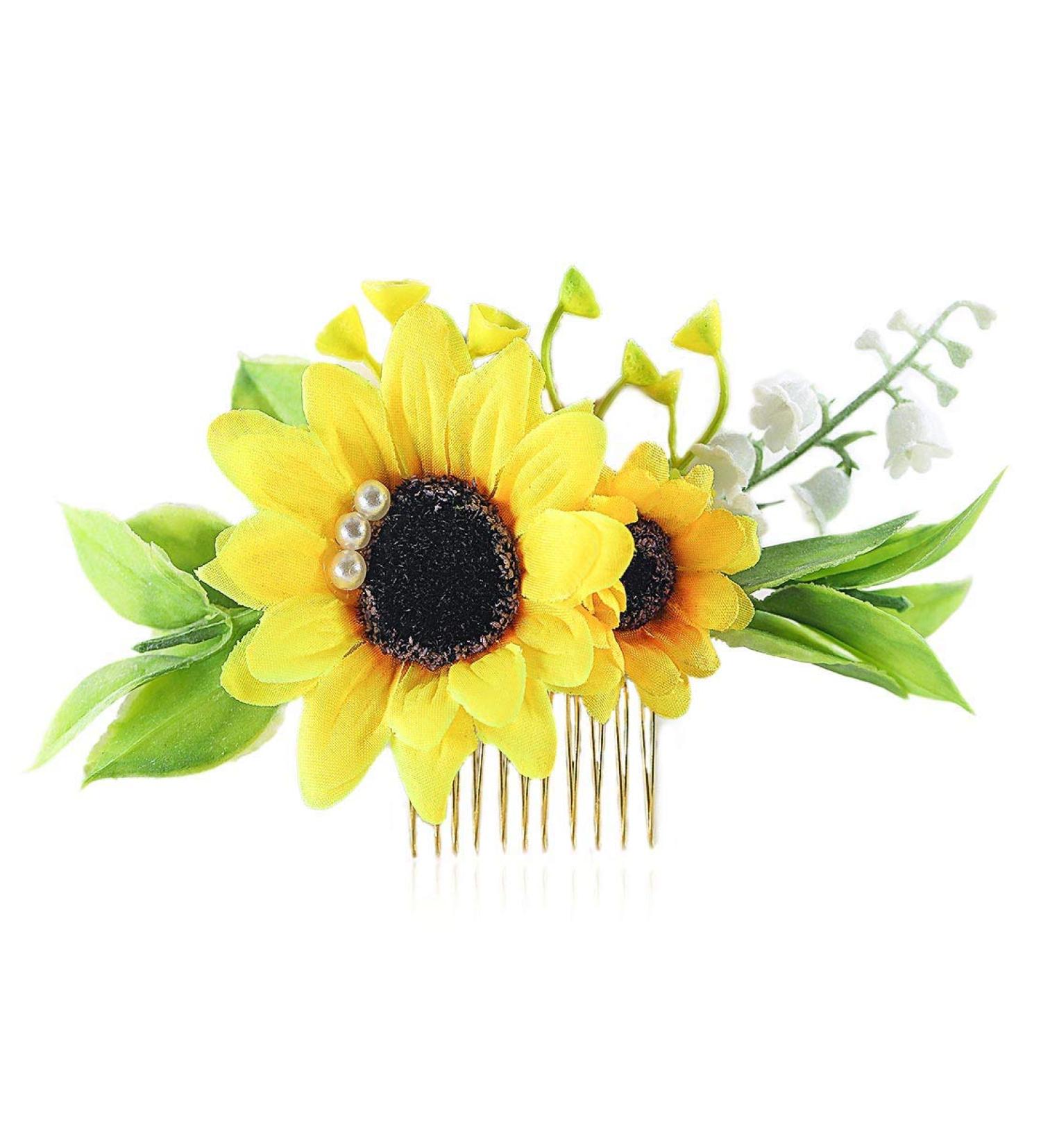 Fangsen Gold Sunflower Wedding Hair Comb - Yellow Flower Pearl Bridal Headpiece for Women - Buy Online on GoSupps.com