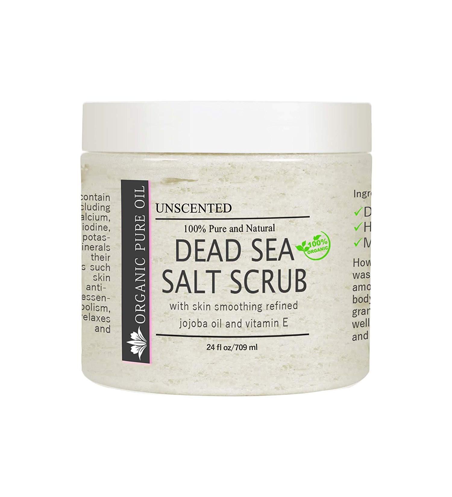 100% Pure and Natural Dead Sea Salt Scrub | Hydrating and Moisturizing | Gently Exfoliates Face Body Feet & Hands with Soothing Jojoba Oil and Vitamin E by Organic Pure Oil (Unscented 24 oz) Unscented 4 Ounce (Pack of 1)