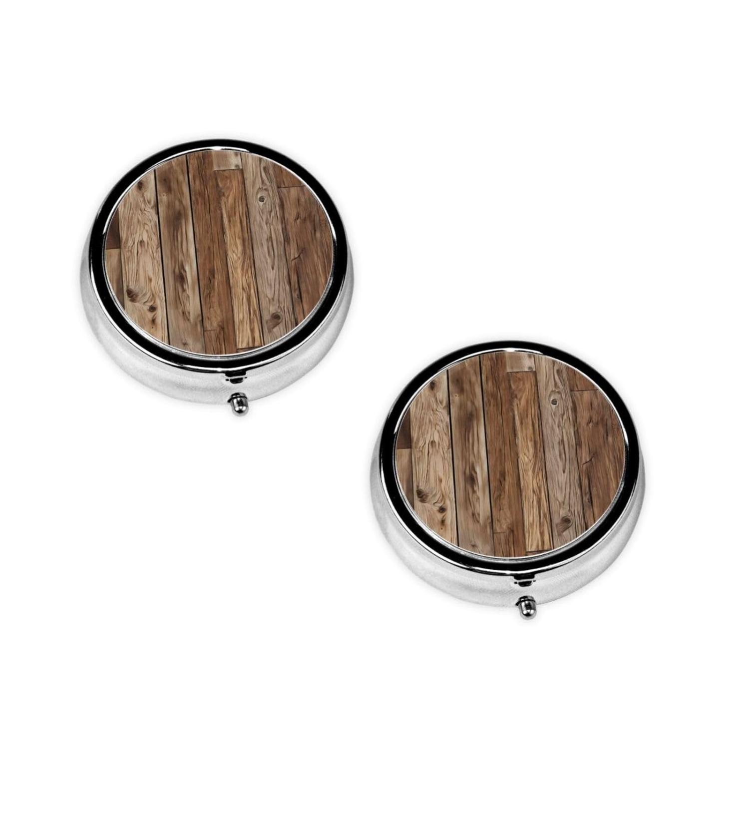 Brown Wood Printed Mini Round Pill Box | 3 Compartment Portable Pill Organizer for Travel & Home Use - Buy Online on GoSupps.com