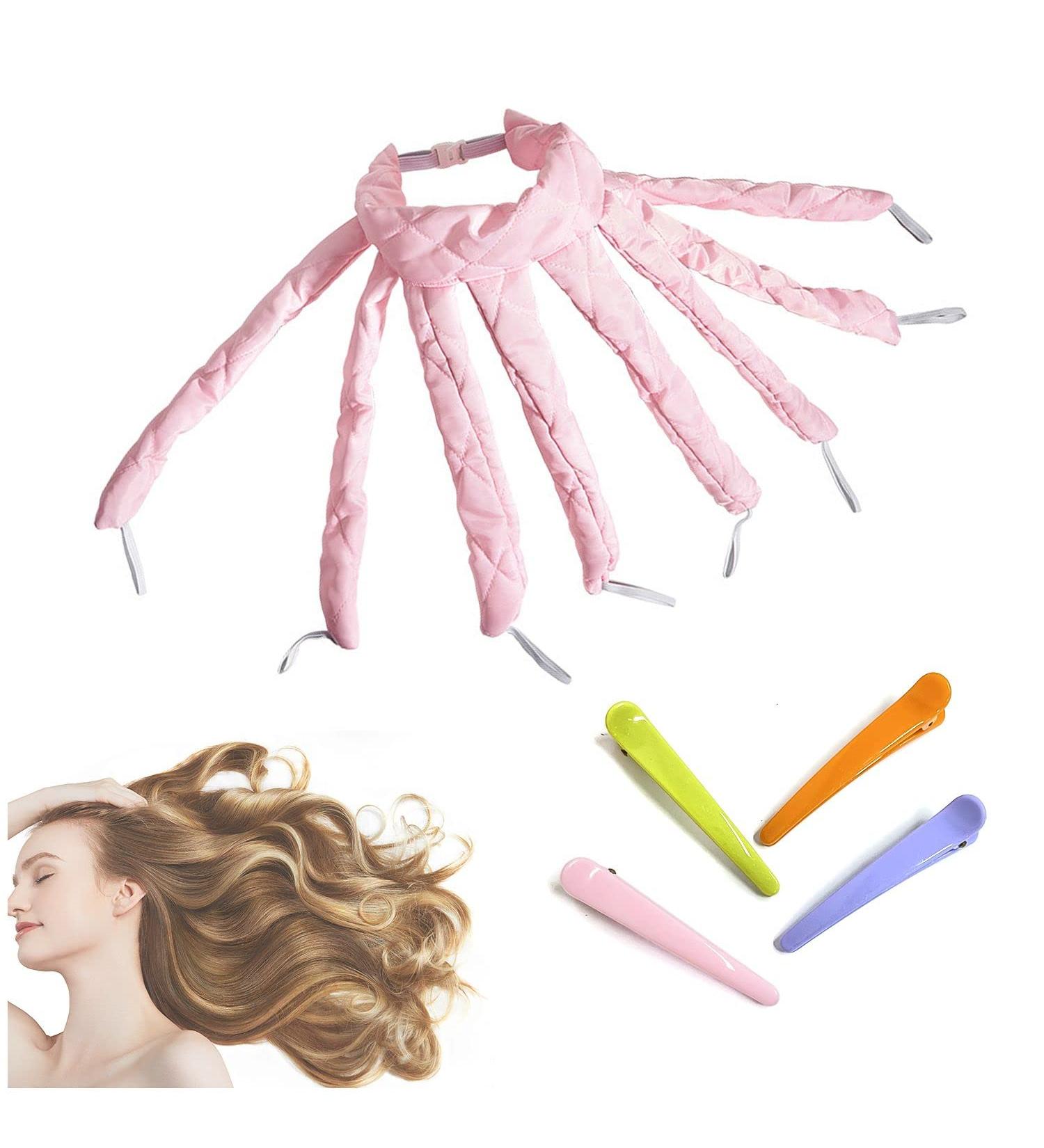 Heatless Curling Rod Headband - Pink Silky Lazy Wavy Hair Set | DIY Hair Styling Tool with 4 Clips for Long Hair - Buy Online on GoSupps.com