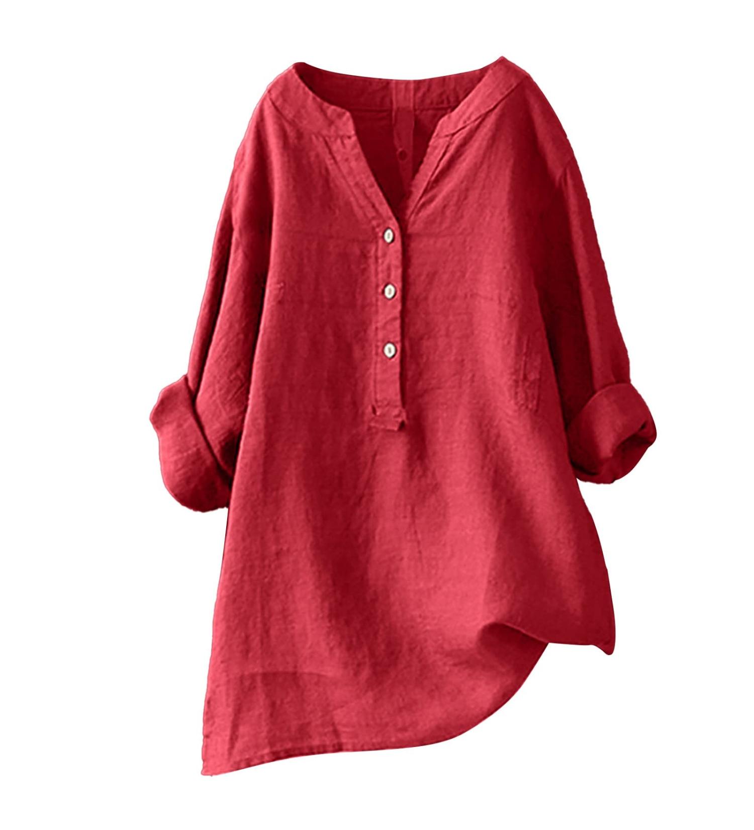 Womens Cotton Linen Shirts Plus Size Blouse Summer Long Sleeve Lapel Button Casual Tee Shirt V-Neck Loose Fit Going Out Work Office Henley T-Shirt Tops 4294-qppoj-red-6 4XL - Buy Online on GoSupps.com