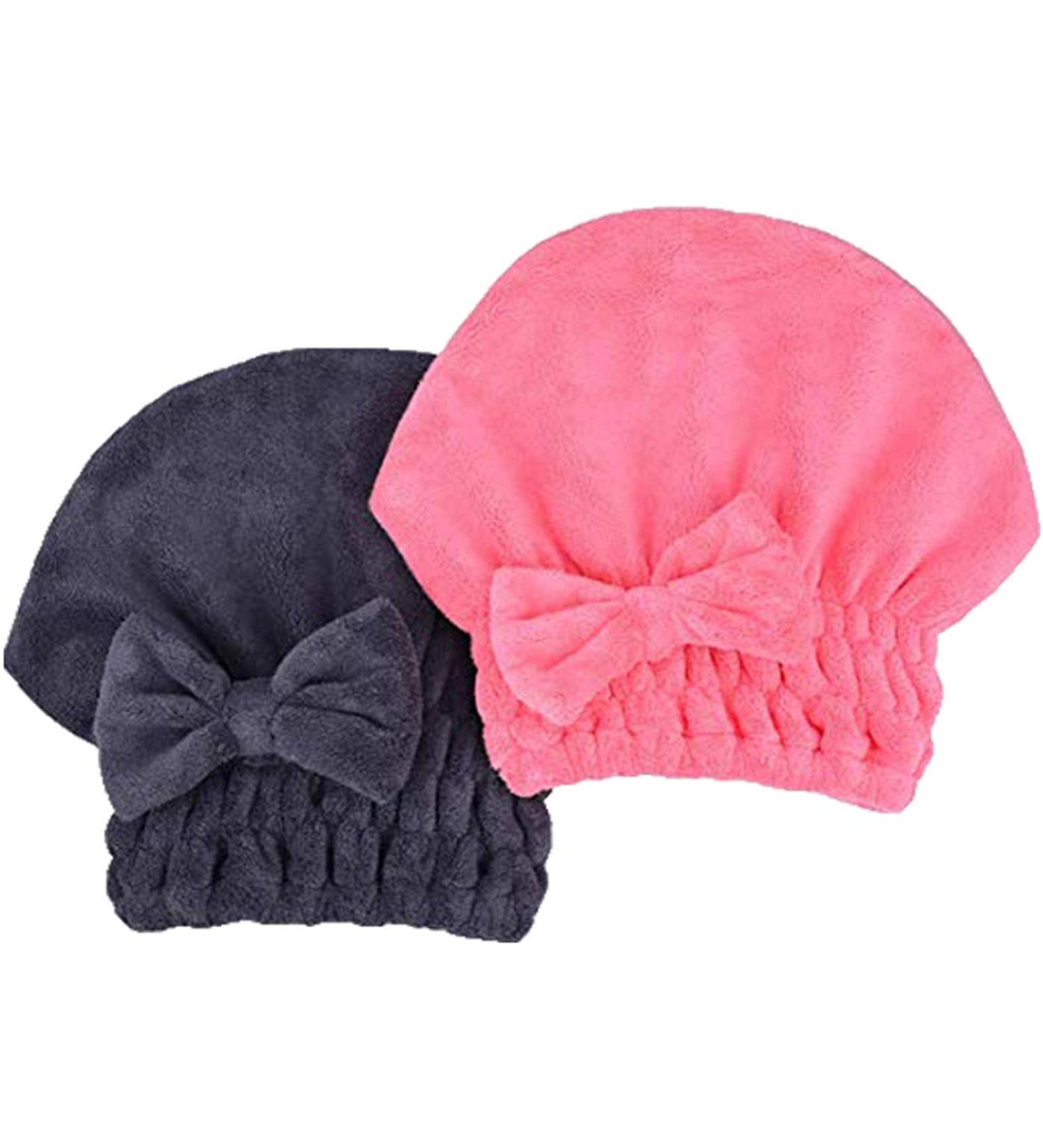 MAYOUTH Microfiber Hair Drying Towels Head Wrap with Bow-Knot Shower Cap - 2 Pack, Ideal for Curly, Long, and Wet Hair - Dark Grey/Rose Red - Buy Online on GoSupps.com